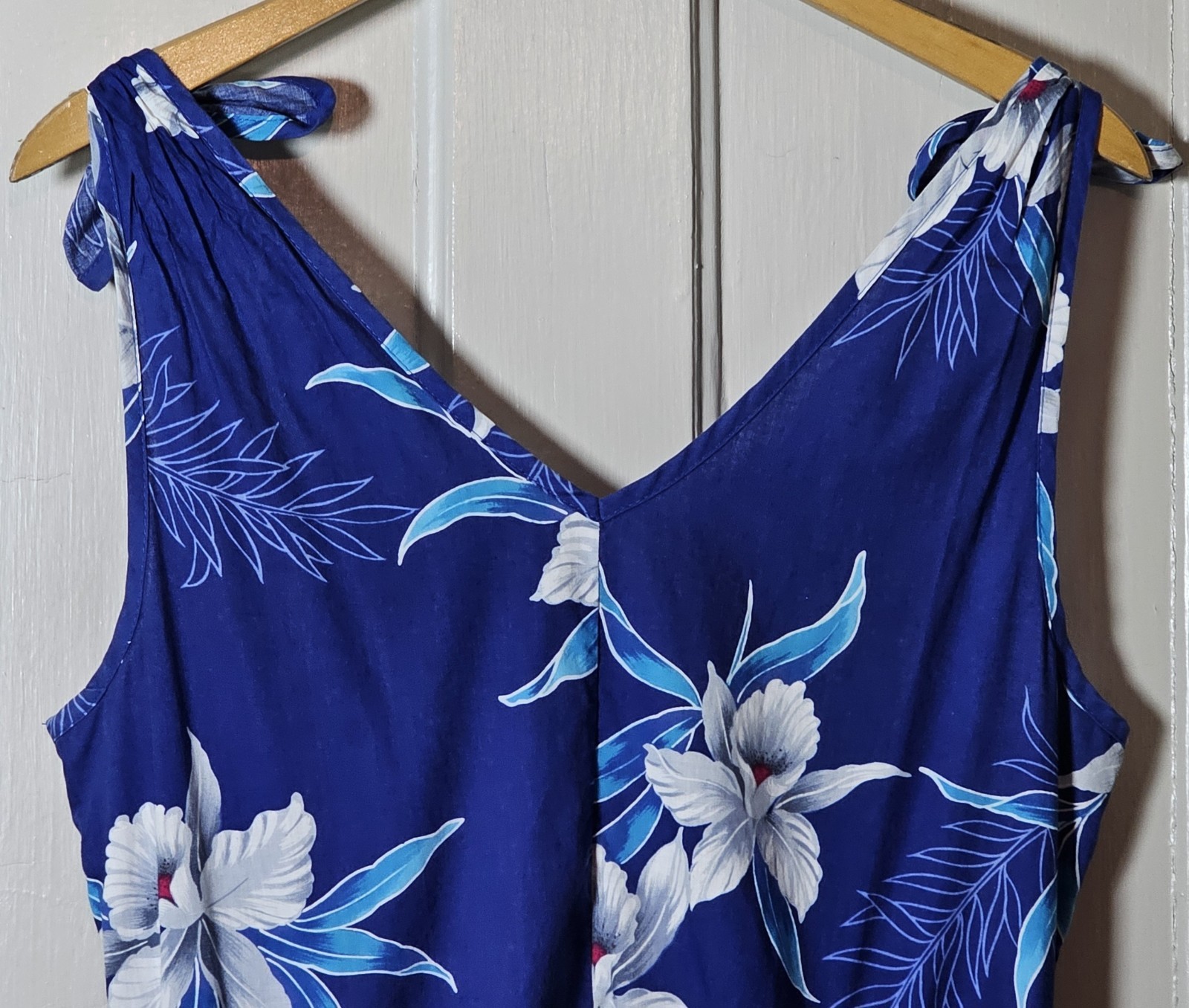 VGT 90s Banana Bay Dress Size M Blue Cotton Tropical Floral Hawaiian Hibiscus