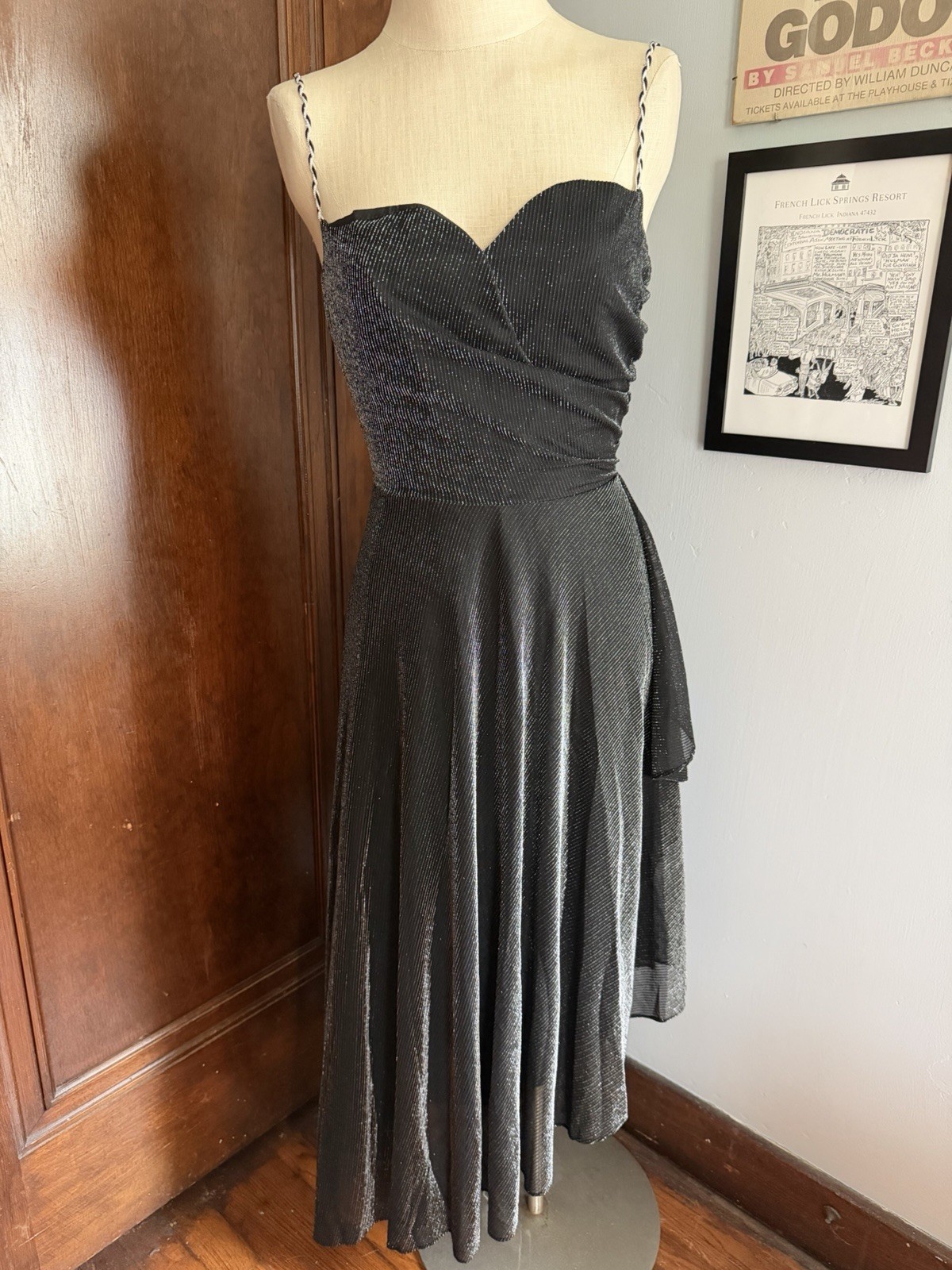 Vintage 80s Flirtations by Alfred Angelo Black & Silver Metallic Disco Dress M