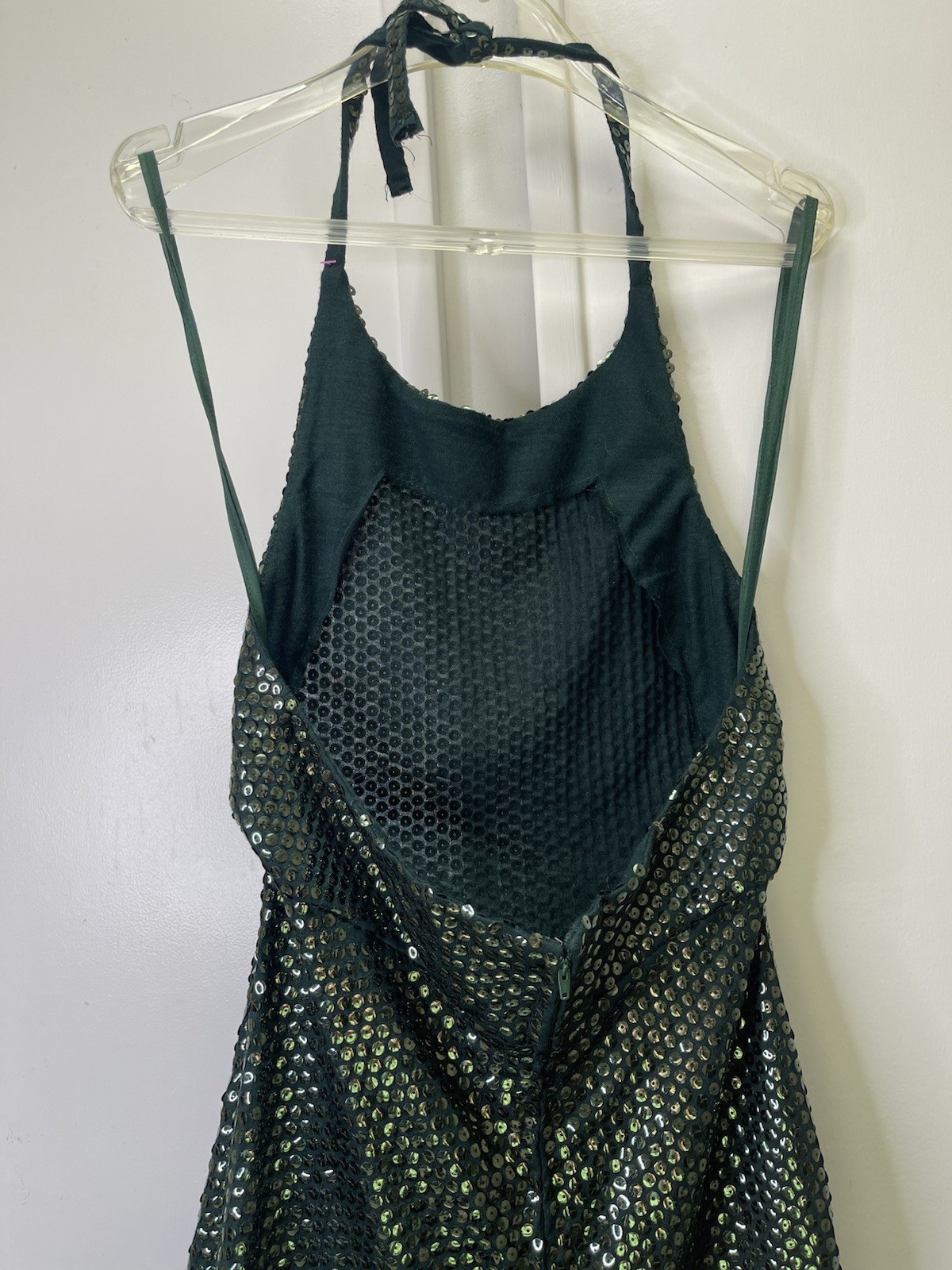 Vtg 70s Emerald Green Sequin Halter Maxi Dress ILGWU Union Made Disco Glam XS/S