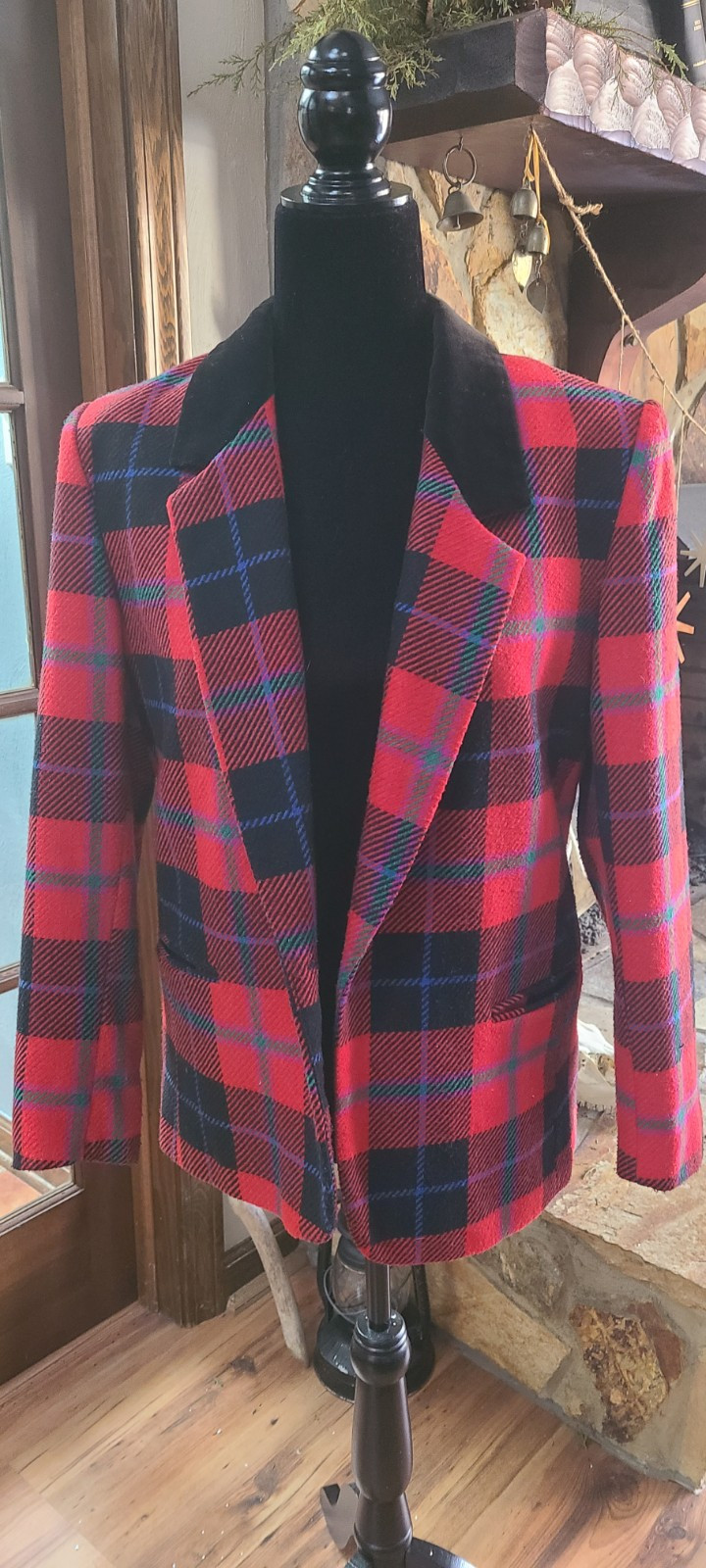 Vtg Red Tartan Plaid Blazer Sz 10P Union Label Notch Collar Russ Petites Preppy