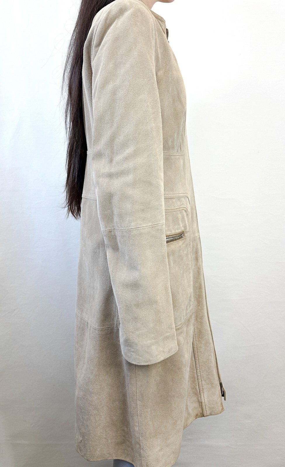 CELINE Camel Beige Genuine Suede Leather Zipper Pockets Lined Coat 6 8 VINTAGE