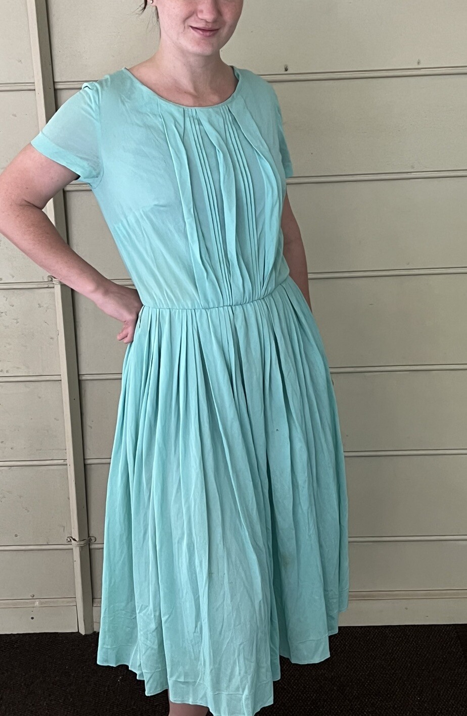 Vintage 40s Sacony Ciella Turquoise Shirtwaist Dress With Full Skirt Sz Small