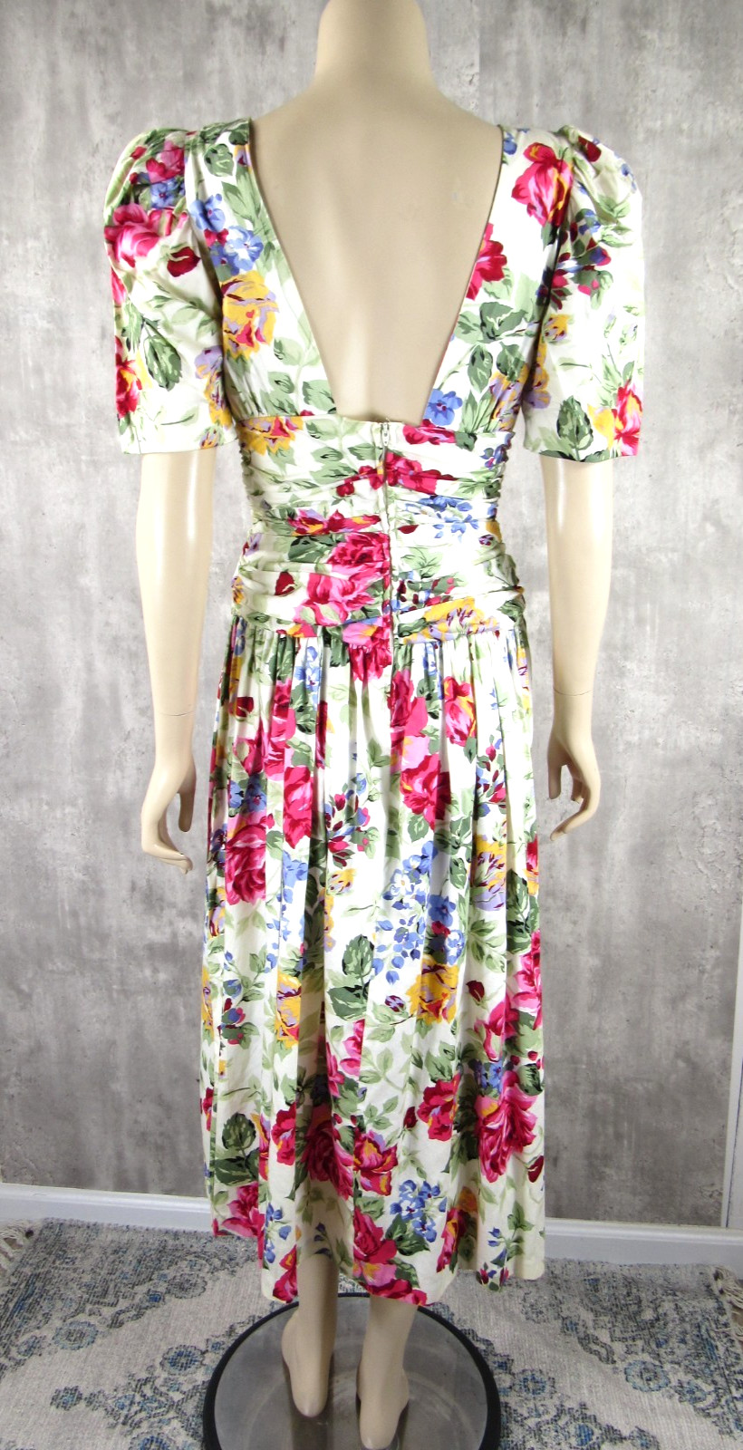 Vintage 80s Misty Lane Floral Cotton Garden Party Tea Dress Open Back Midi Dress