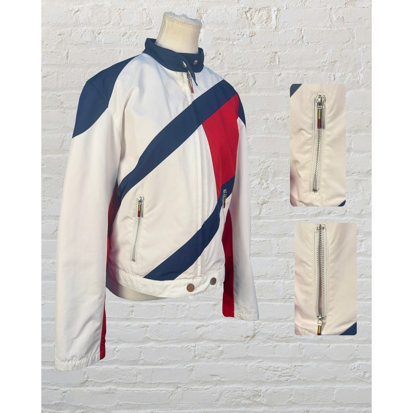 Vintage 2002 Tommy Jeans Red White Blue Full Zip Snap Strap Moto Biker Jacket L