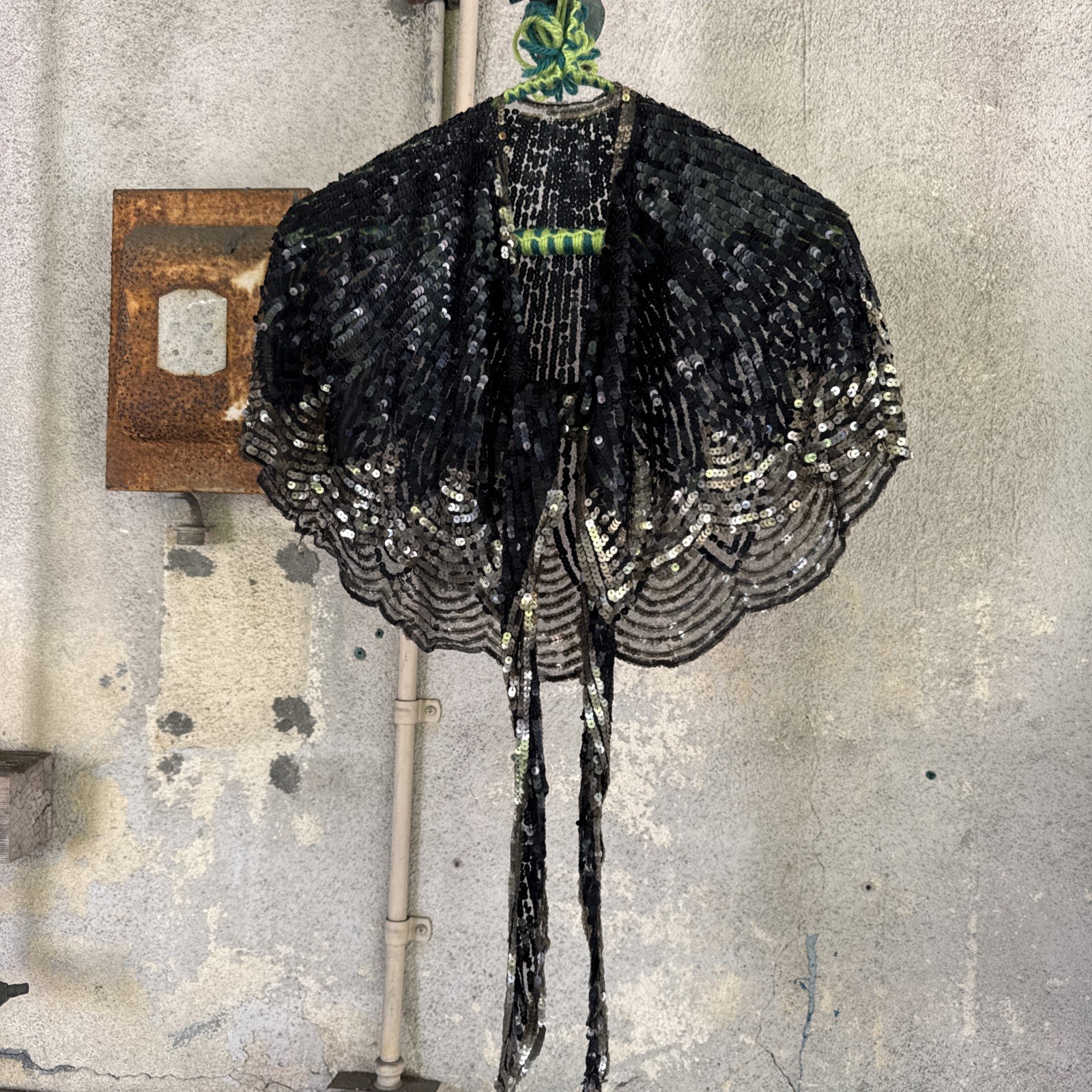 Vintage 1930s Black & Silver Sequin On Net Scalloped Cape Art Deco Dress Top