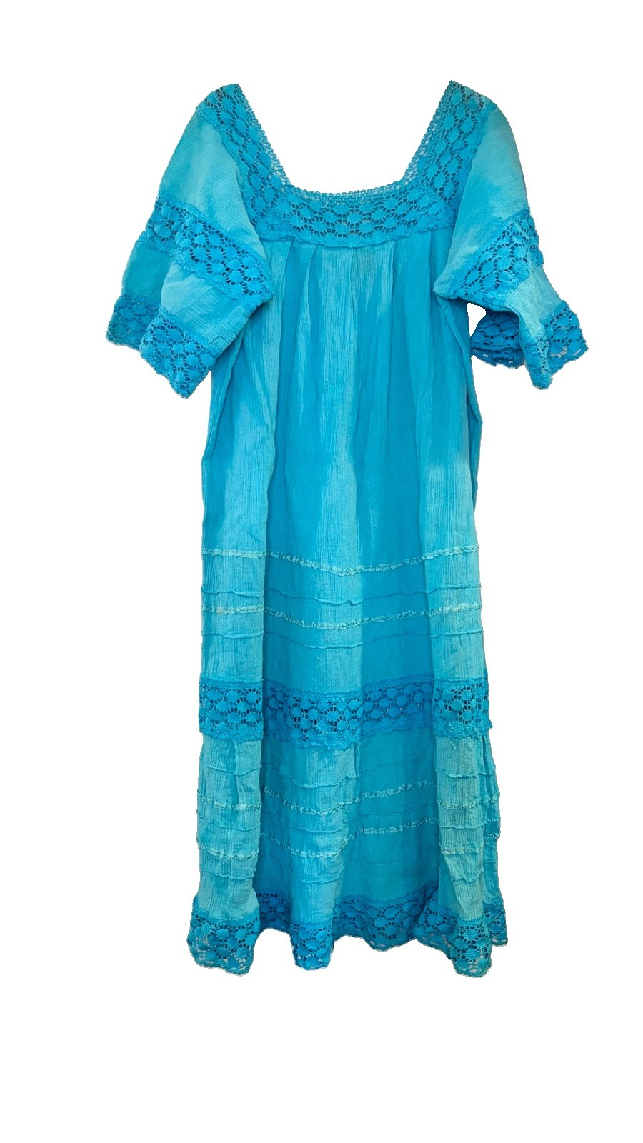 Vintage 1970&rsquo;s Cotton Gauze Boho Hippie Prairie Maxi Dress Lace Blue MuuMuu