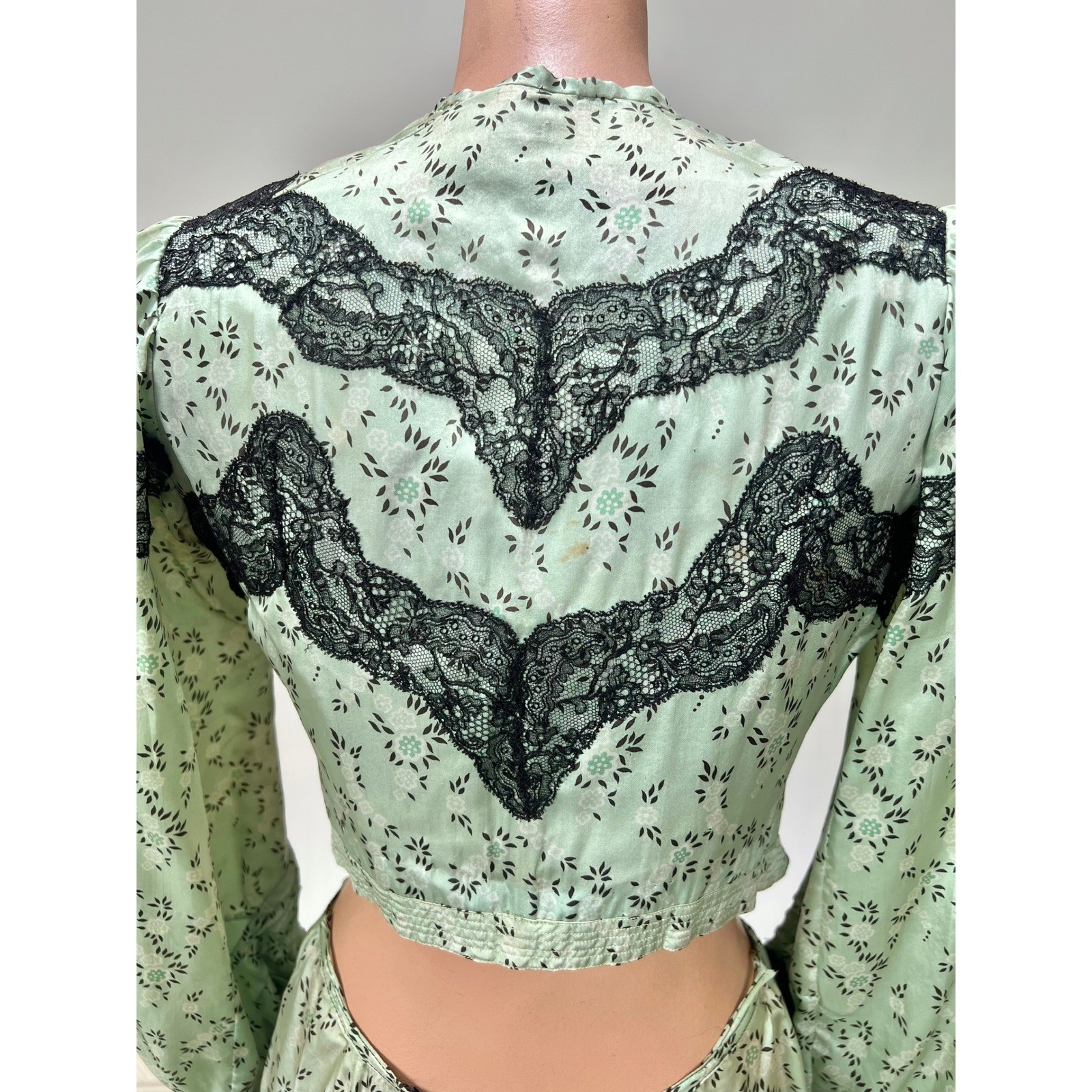 Antique Victorian Mint Green Printed Silk Two Piece Floral Skirt Set Black Lace