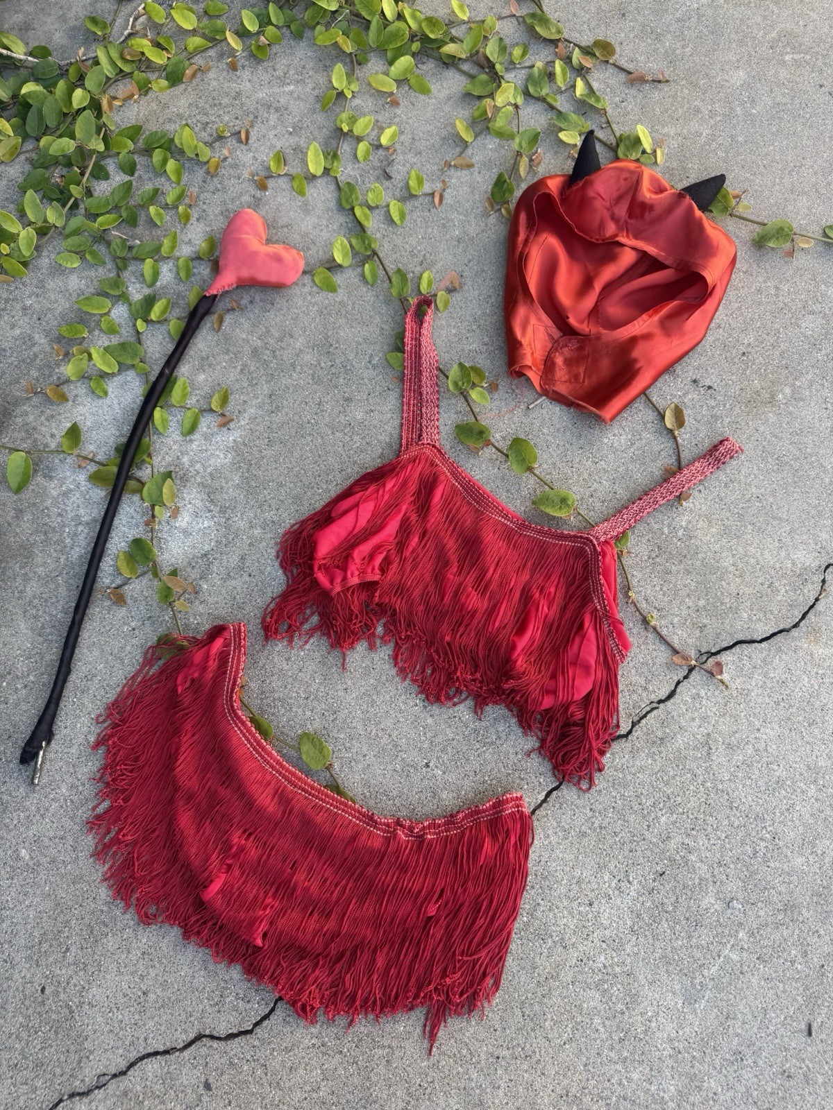 Vintage 1950s 1960s Red Fringe Set Top & Bottoms Outfit Play Suit Showgirl Bra