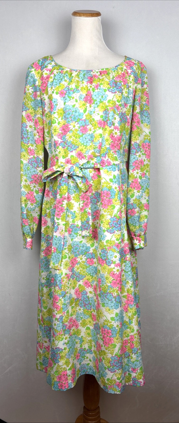 Posh Jay Anderson Vintage Dress Women&rsquo;s 16 Midi Retro Colorful Floral Belt Tie