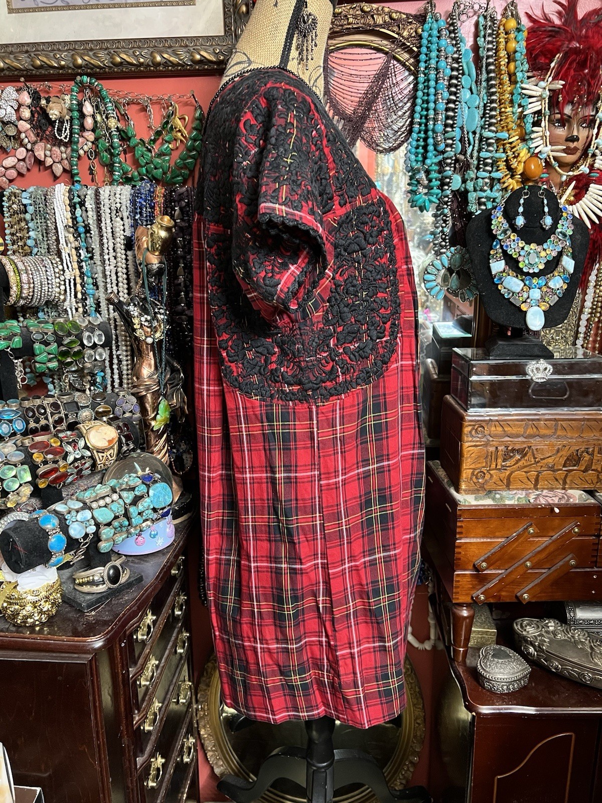 Beautiful Sister Mary Oaxaca Red & Black Plaid Black Embroidery & Crochet ML