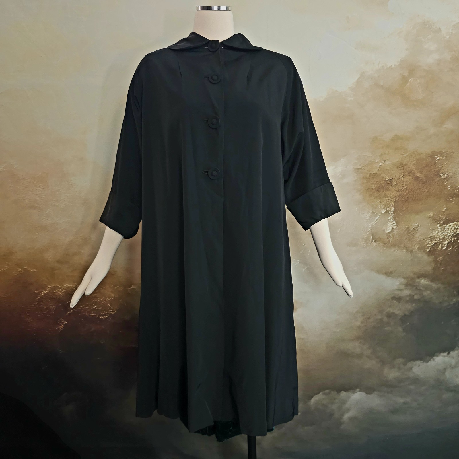 Vintage 1950s Coat Jacket Swing Coat Lightweight Black Half Sleeve Buttons Pinup