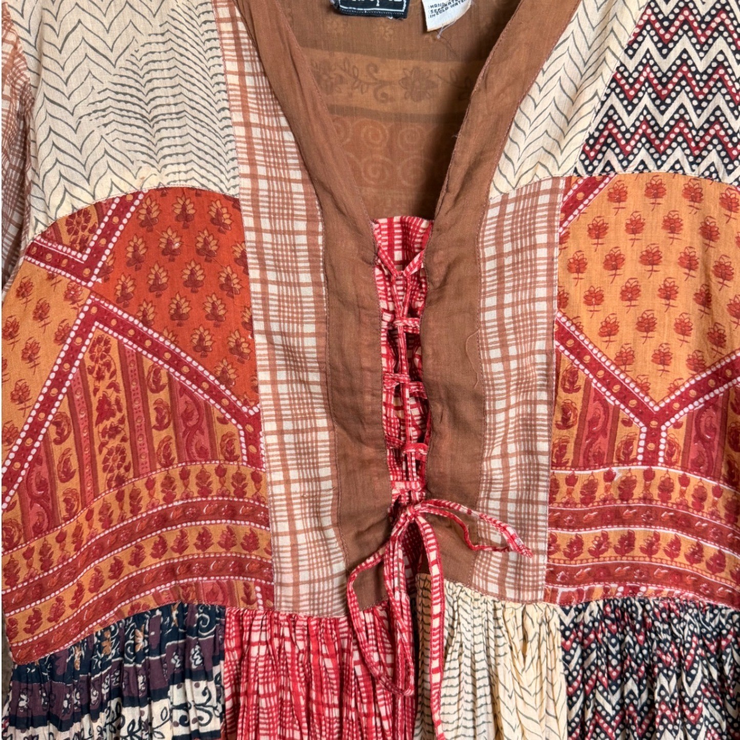 Vintage St Tropez India Patchwork Cotton Peasant Babydoll Midi Dress L Boho