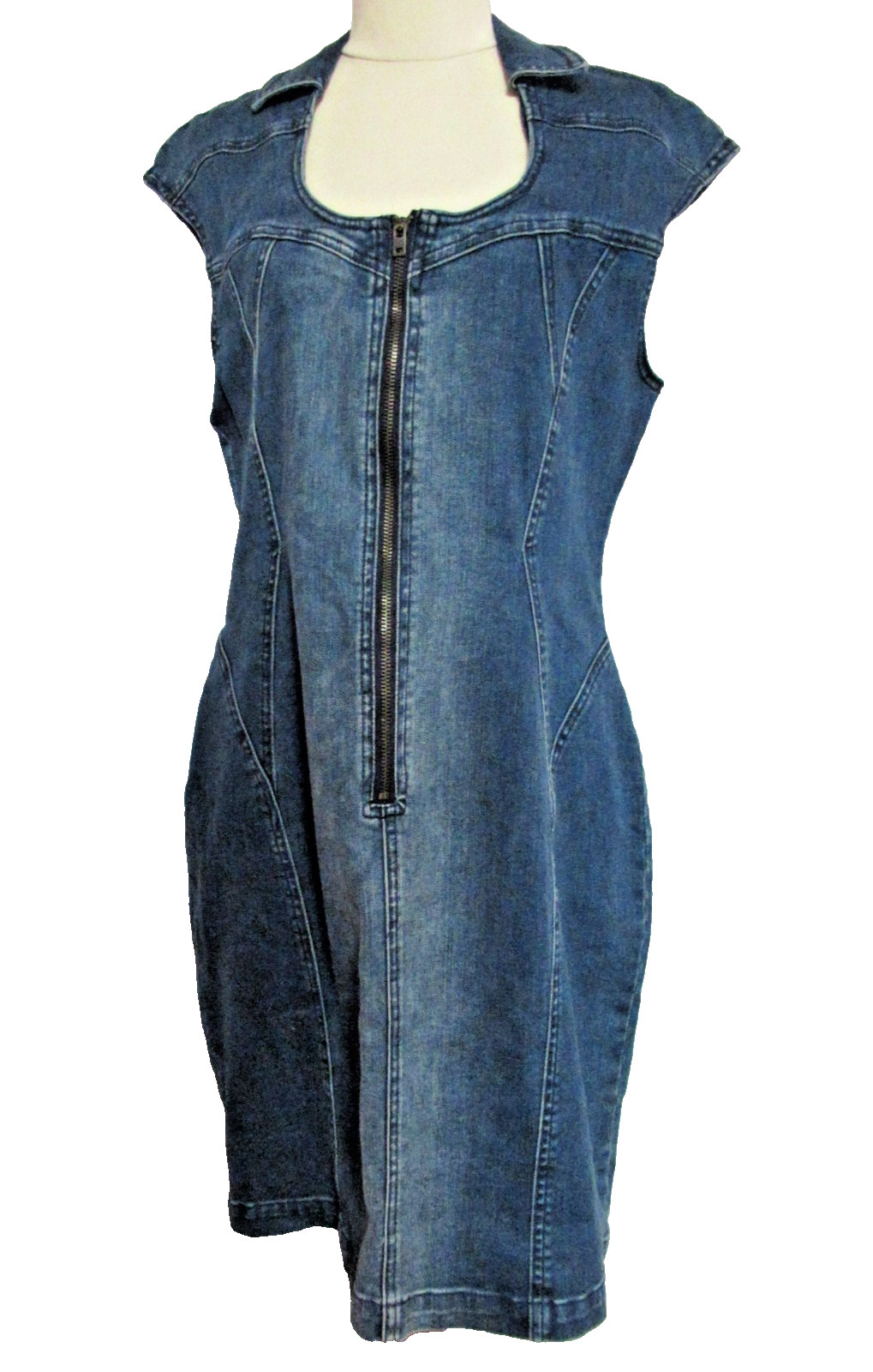 Jag Denim Zip Front Dress Womens Size 14 Fitted Stretch Jean Mini Cap Sleeve