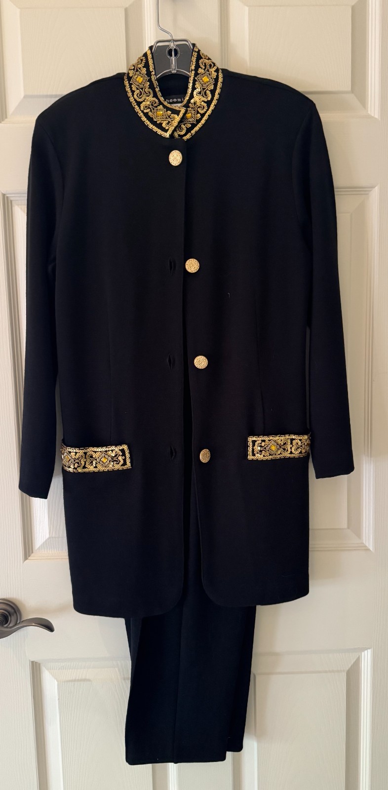 Vintage Theo Miles 2 piece pantsuit Black and Gold, Hong Kong
