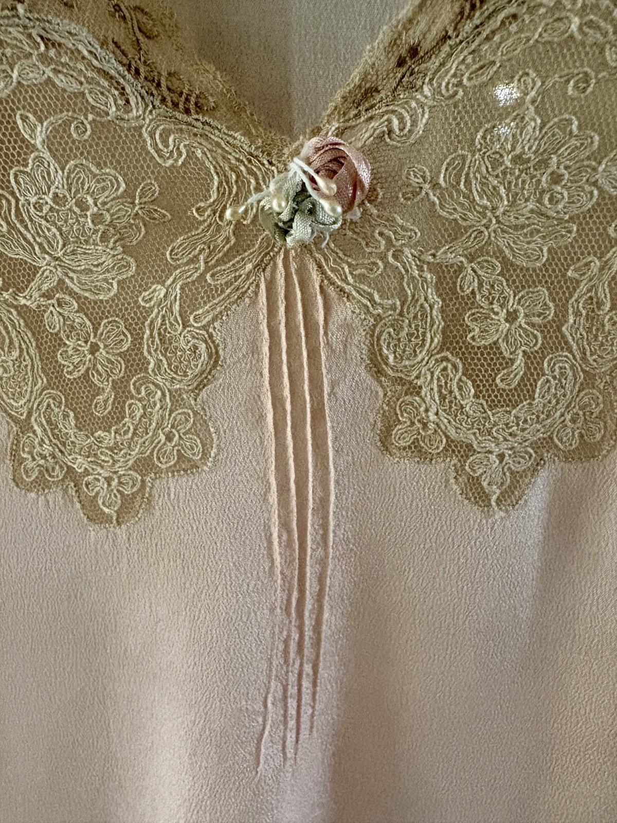 1930s Pink Silk and Lace Maxi Flapper Slip Dress with applique flowers