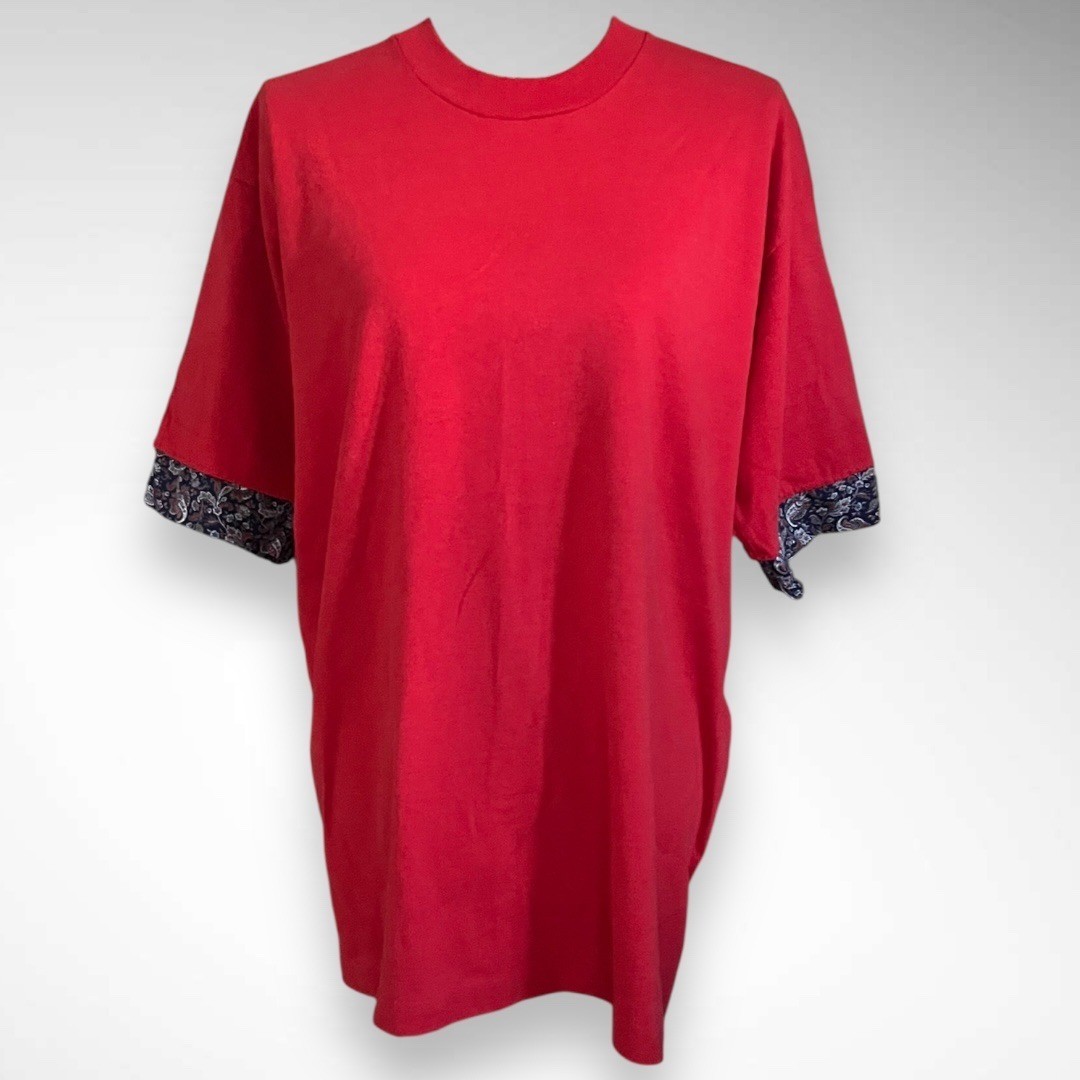 FRUIT OF THE LOOM Women&rsquo;s Vintage Red Short Sleeve T-Shirt Paisley Cuffs | EUC