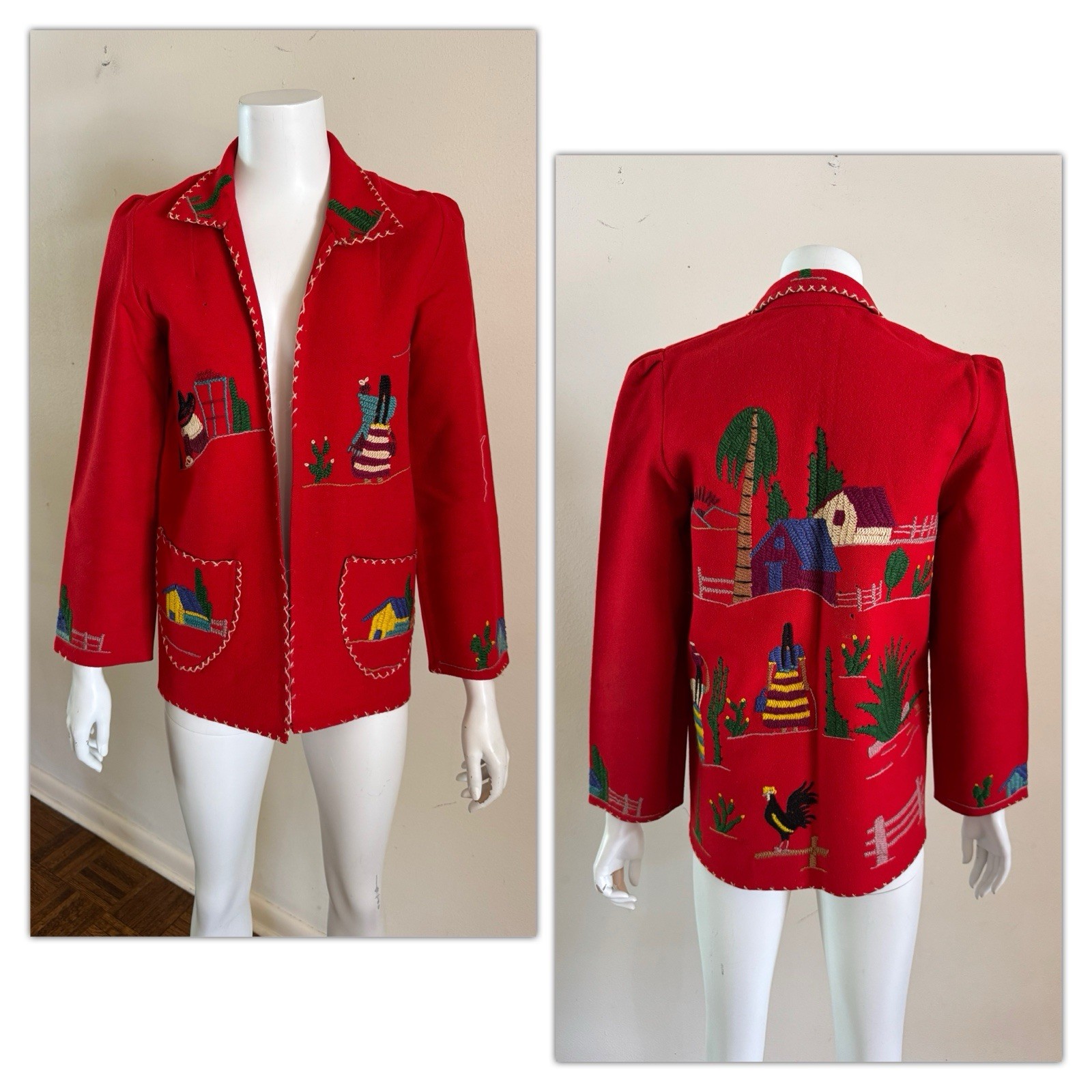 1940s Vtg Mexican Wool Embroidered Tourist Souvenir Jacket 40s Folk Art