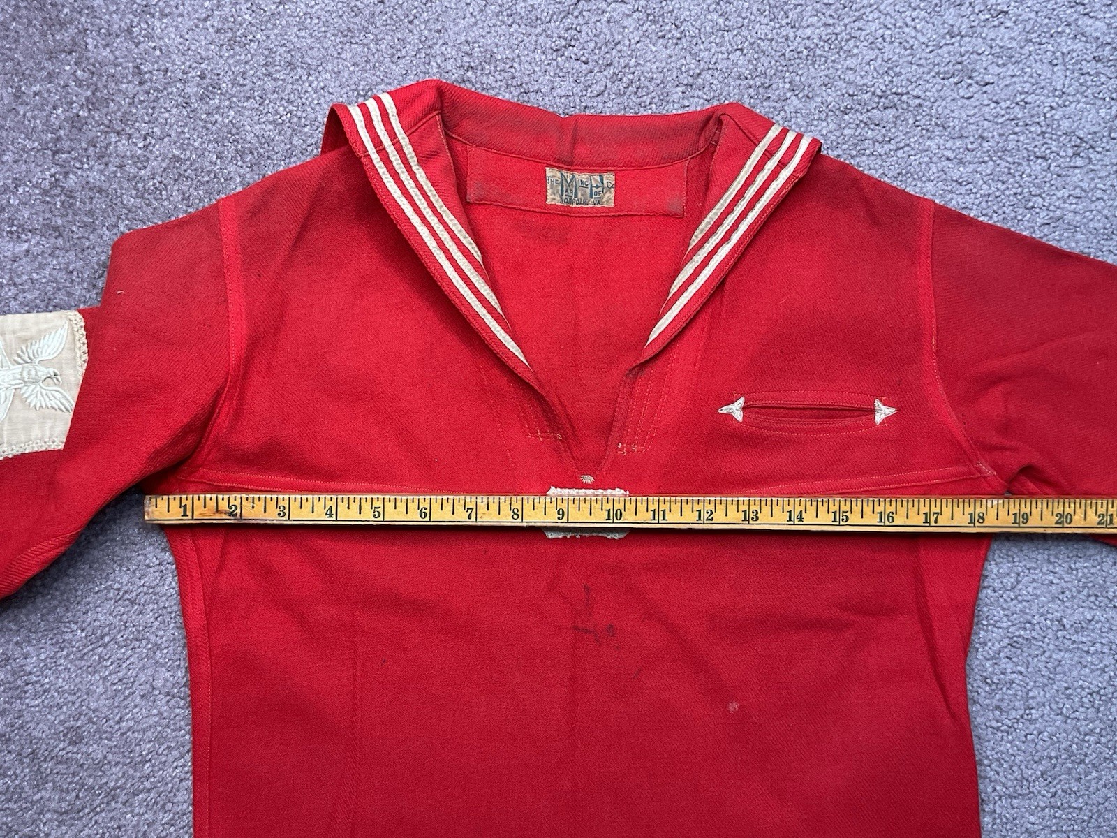 Early 1920’s Red Wool Sailor Style Uniform Shirt Blouse Pullover With Patch