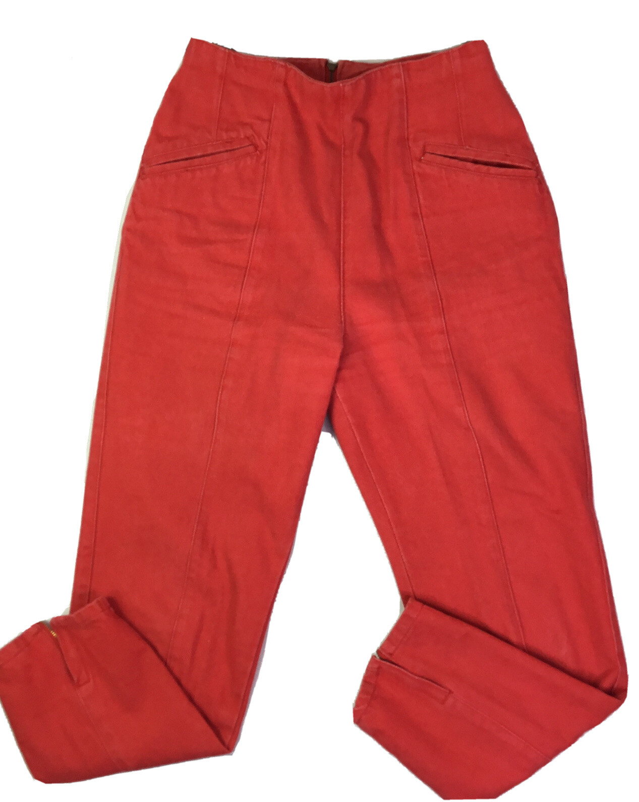 Vintage 80s Brittania Junior Womens Red Denim Pants Zip Up Back/Ankle HONG KONG