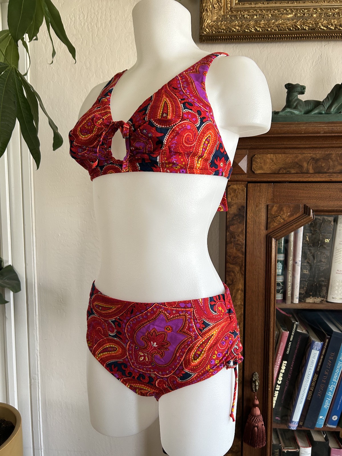 Vintage 1960s 70s Red Psychedelic Paisley Bikini Swimsuit 2pc Bathing Suit SM