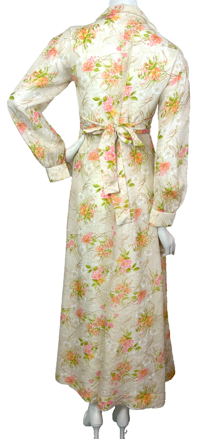 70s Floral Satin Hostess Dress Size Medium Maxi Collared V-Neck Long Sleeve EUC