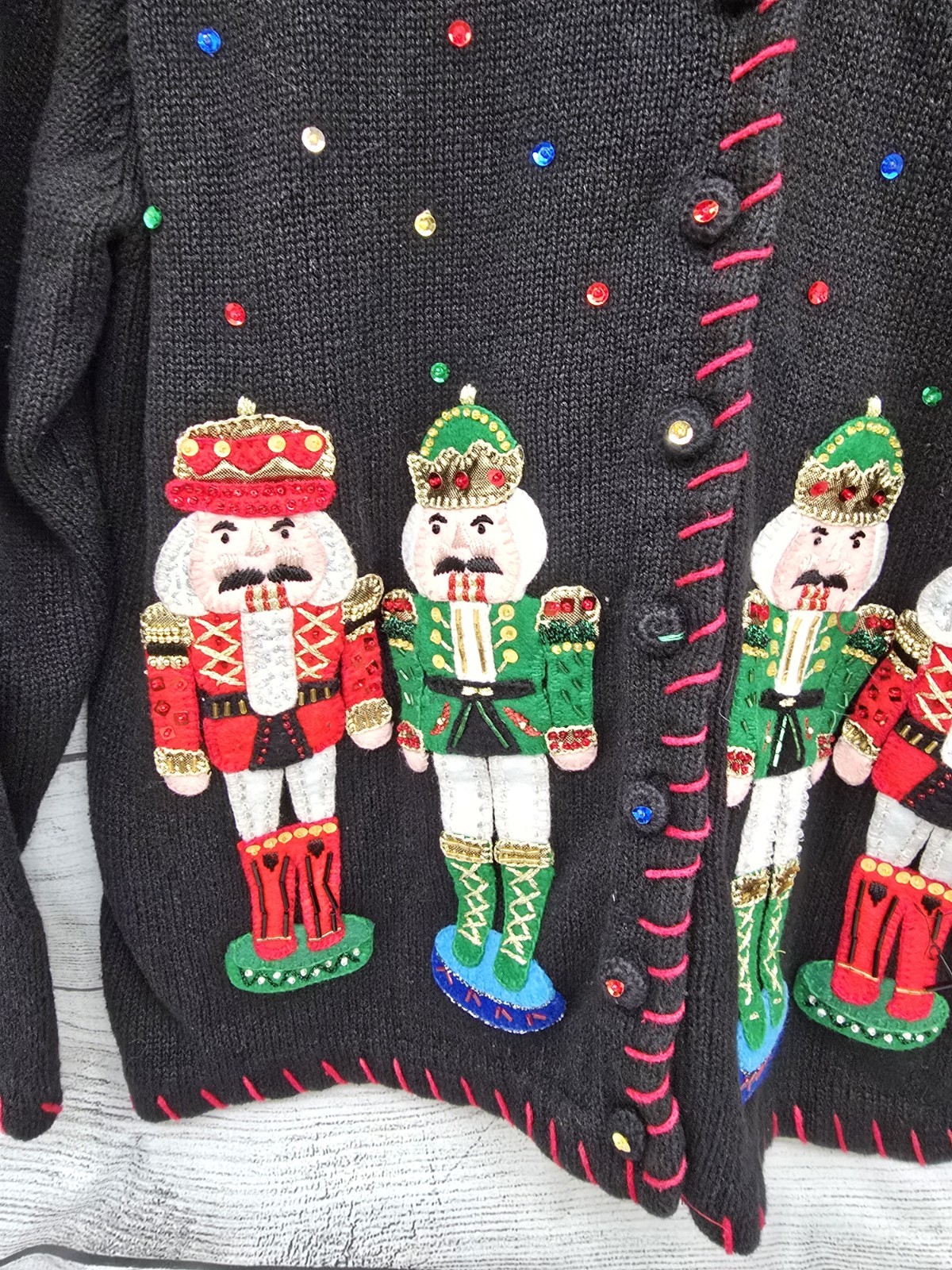 Vtg Tiara International Nutcracker Christmas Sweater Sequins Cardigan Sz LARGE