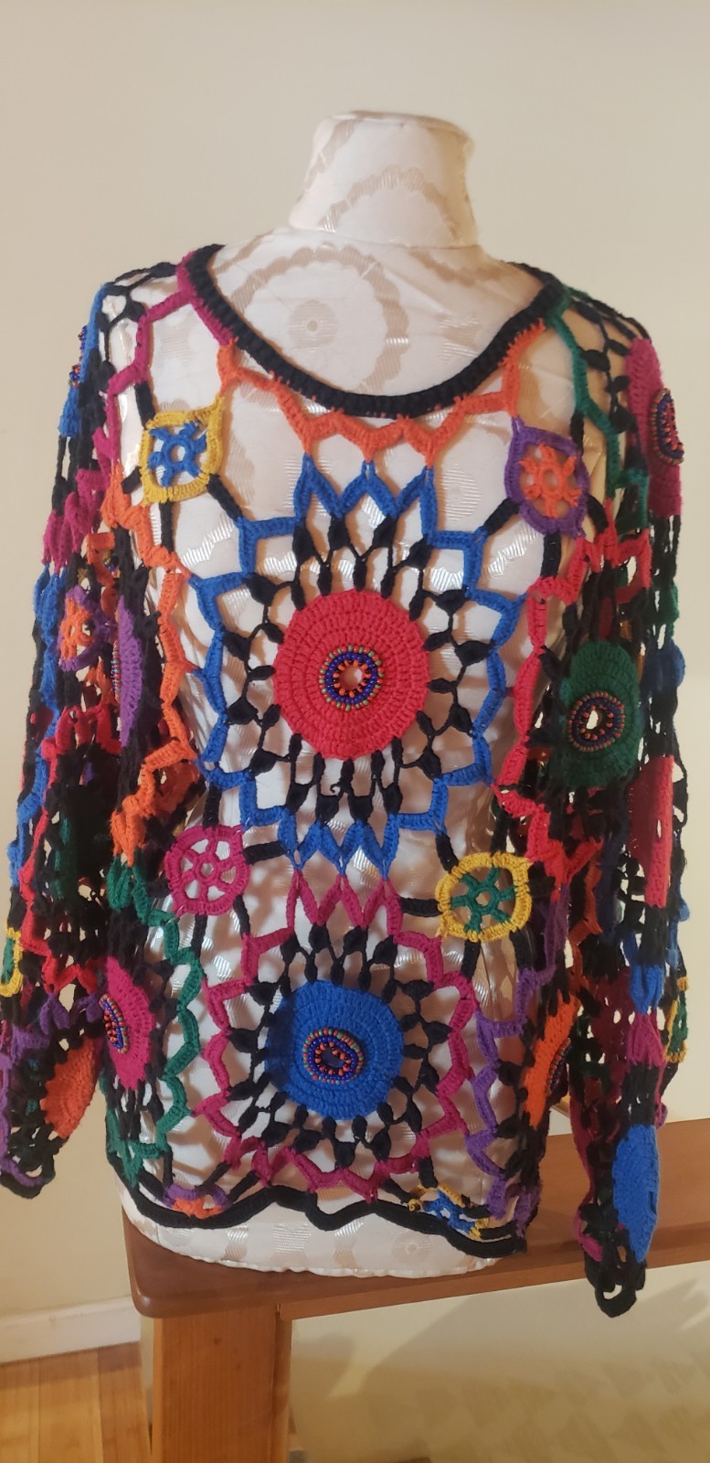 Vintage MY Knitted By Hand Crochet Beaded Cardigan