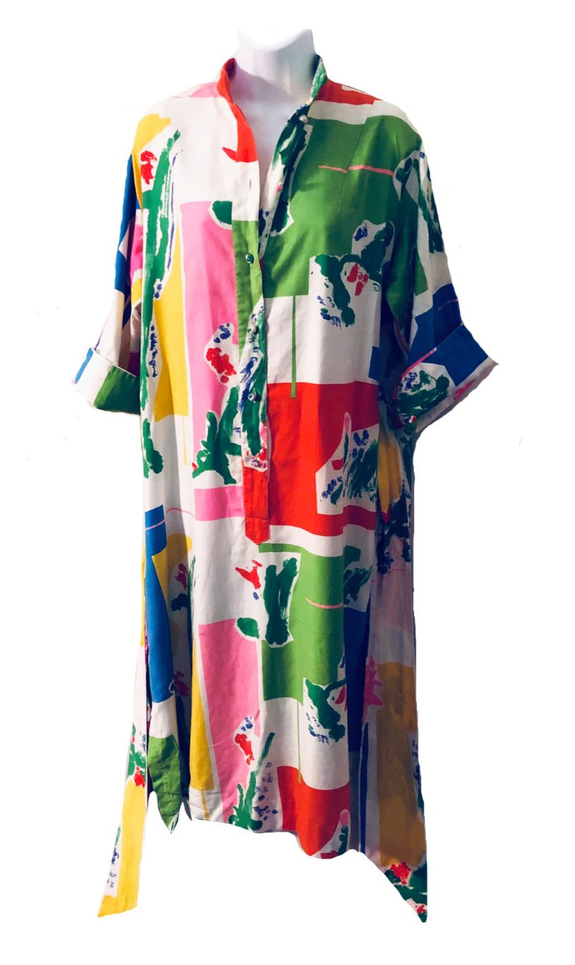 Catherine Ogust For Penthouse Gallery Wild Colorful Vintage 70s Cotton Dress MED