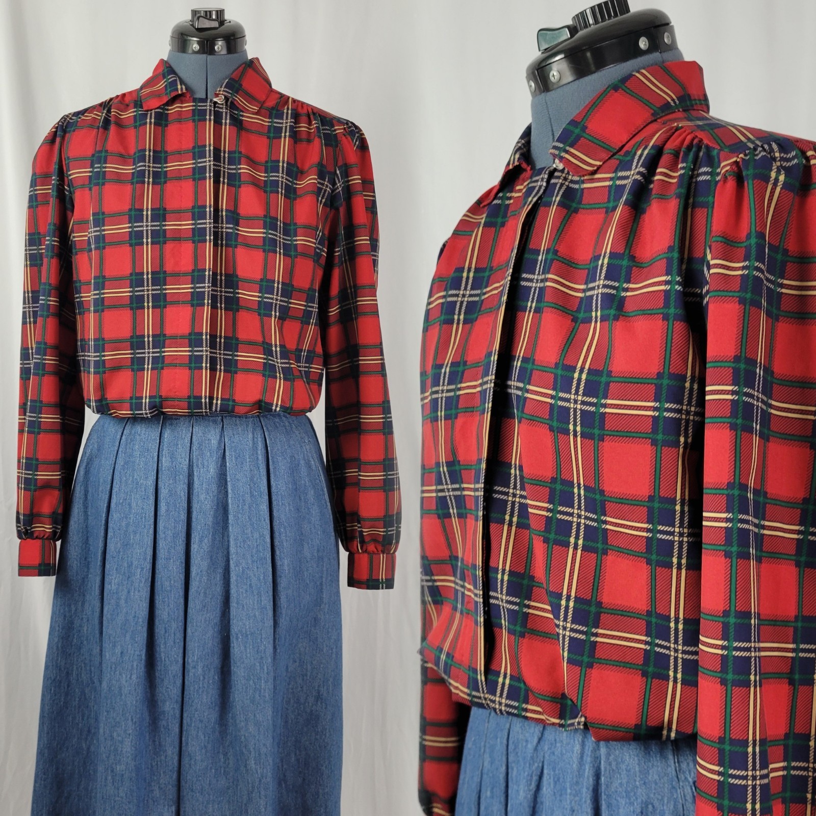 Vintage Judy Bond Red & Blue Plaid Blouse w Concealed Front Button Down Size 12