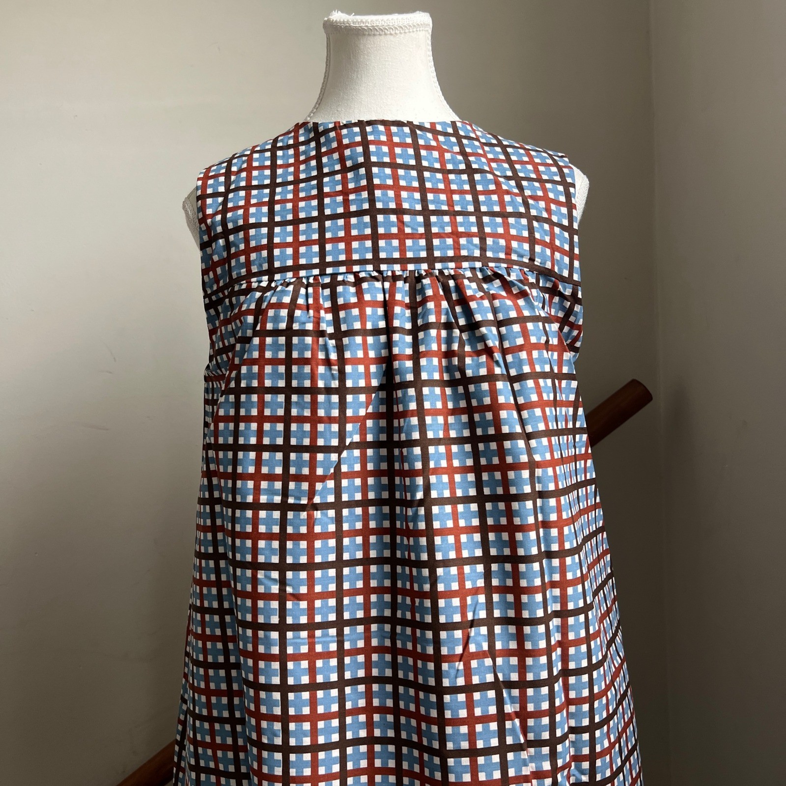 Vintage Plaid Midi Dress Mod MCM Geometric Sleeveless A-Line Muumuu House Coat