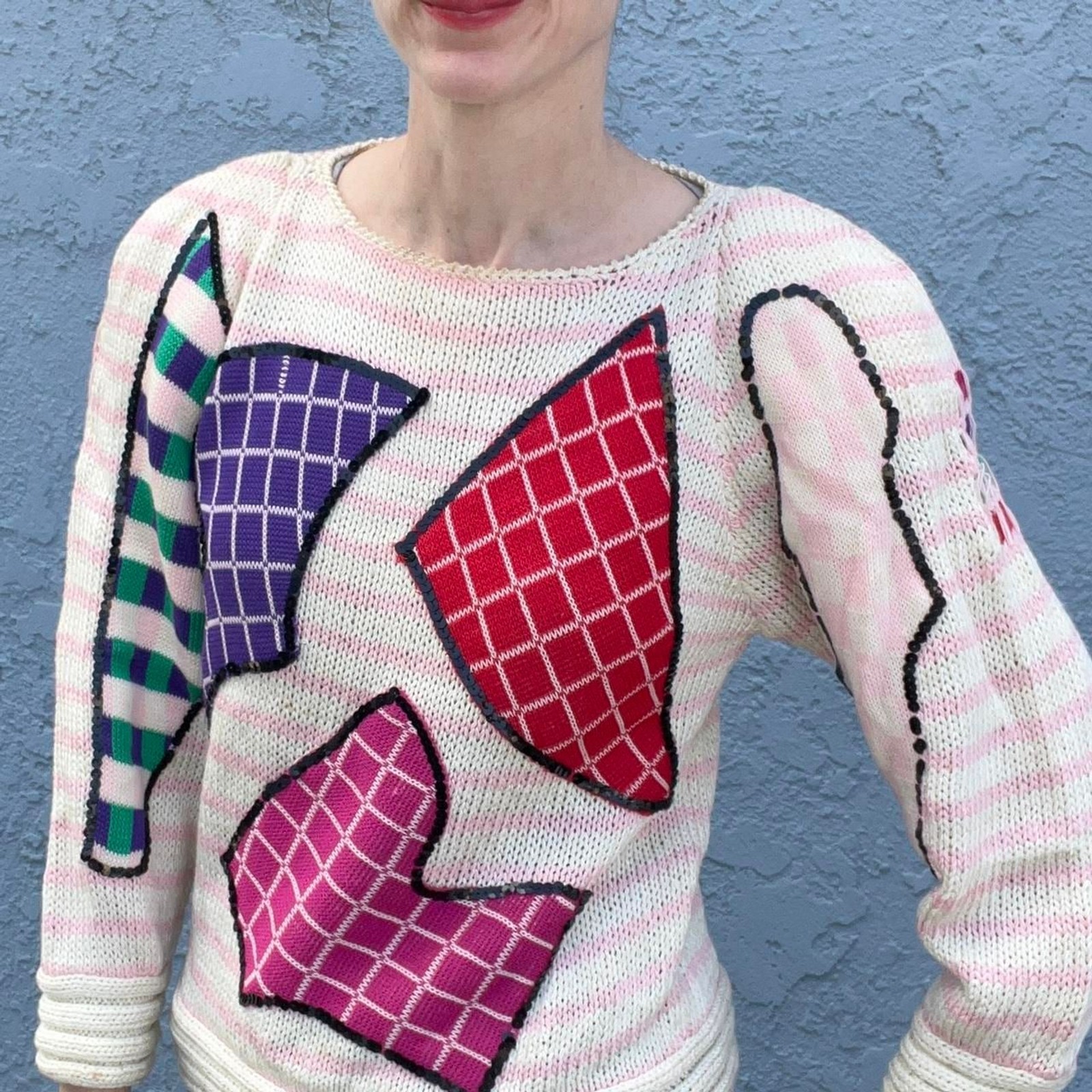 80s Sweater Abstract Funky Print puff sleeves Size Small