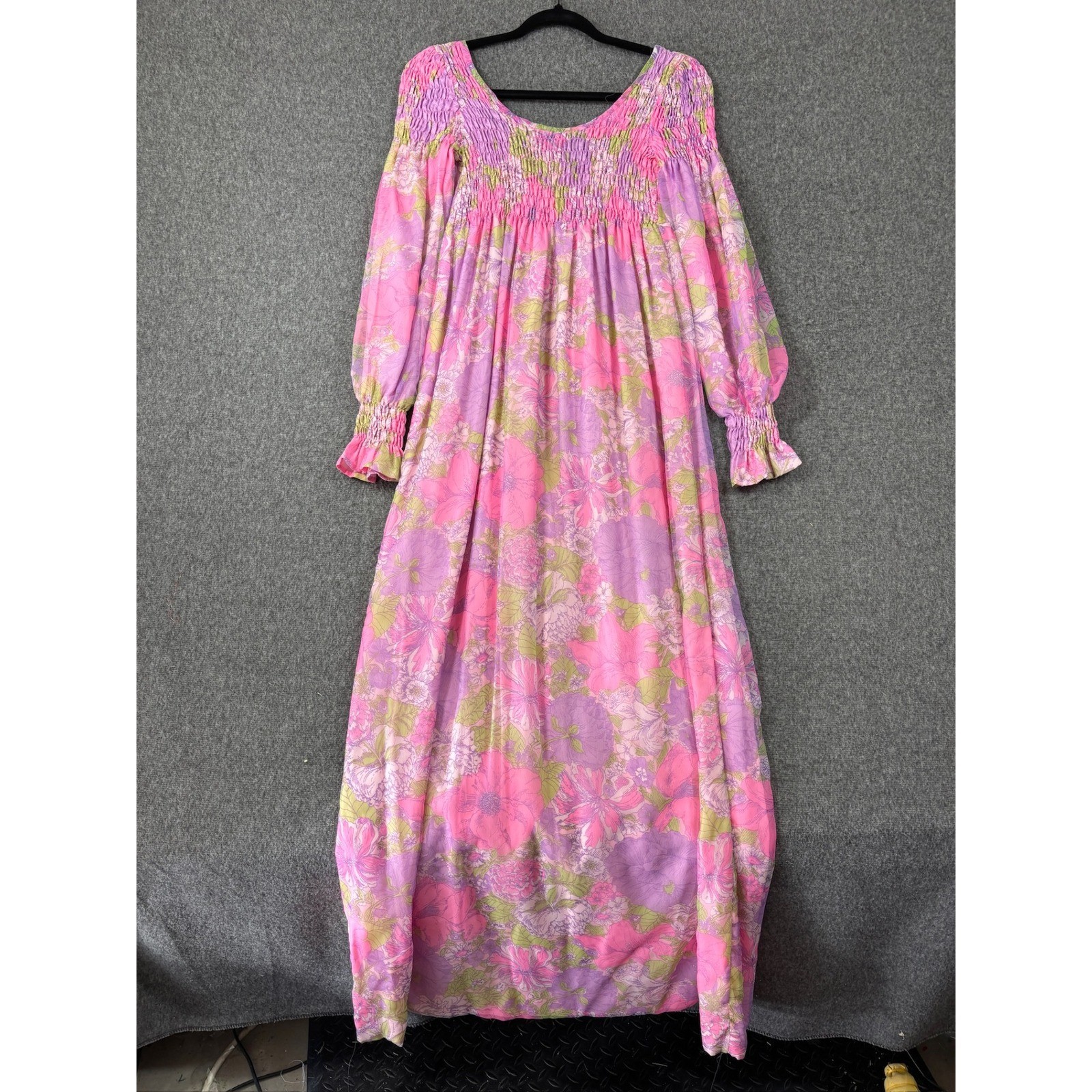Vintage 70s Floral Smocked Maxi Dress Pink Purple Long Sleeve Boho Empire Waist