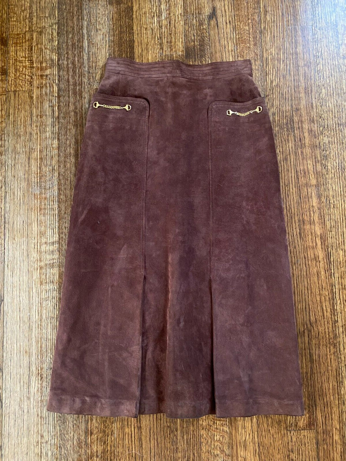 Rare Vintage 1970s Gucci Brown Suede Horsebit Midi Skirt