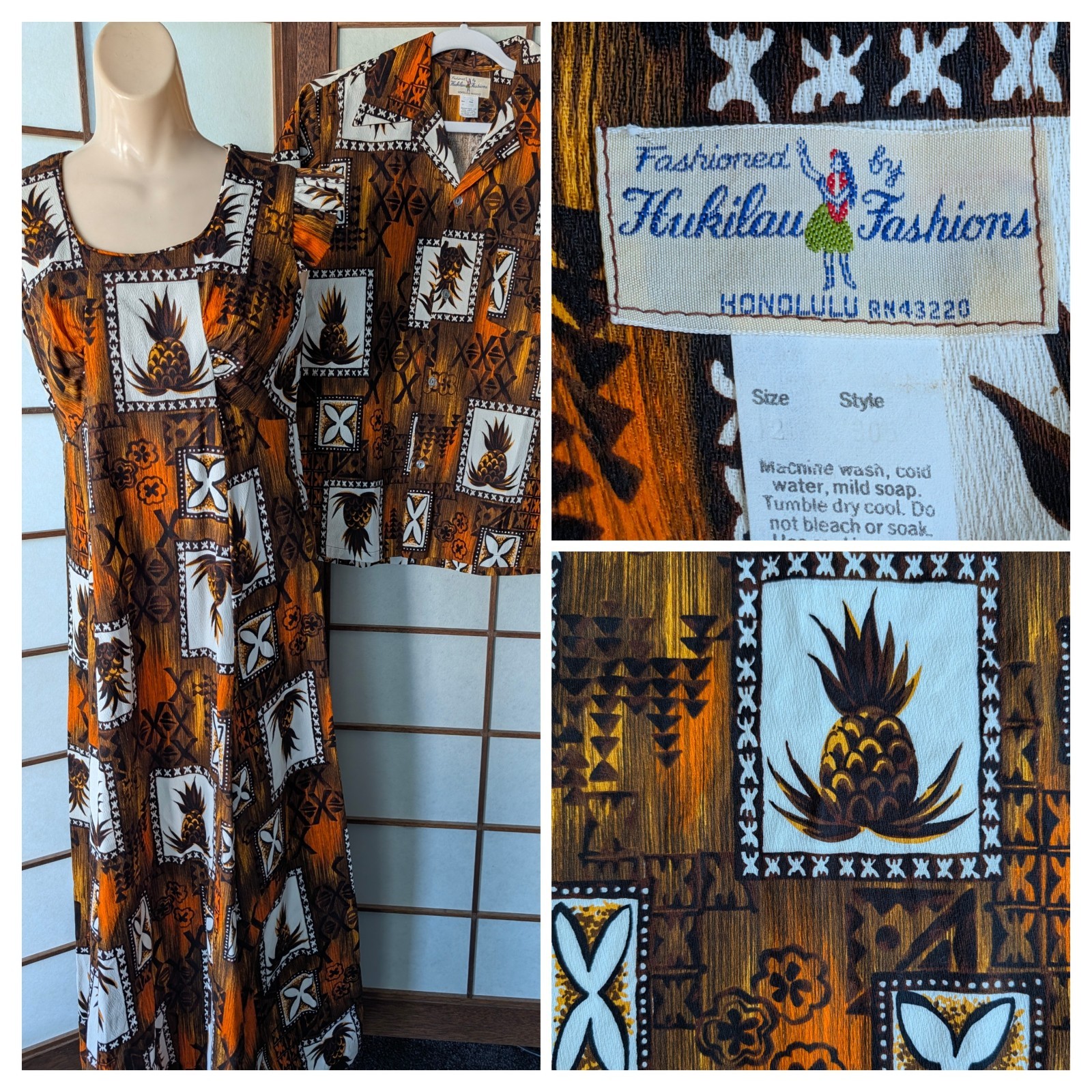 Vtg 60s Hukilau Fashions Honeymoon Set Bark Cloth Aloha Shirt M Muu Muu Dress 12