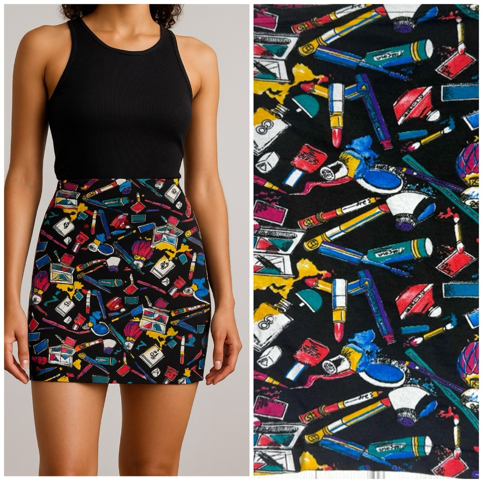 Vintage 80s Equipt Black Makeup Cosmetics Perfume Print Bodycon Mini Skirt Large