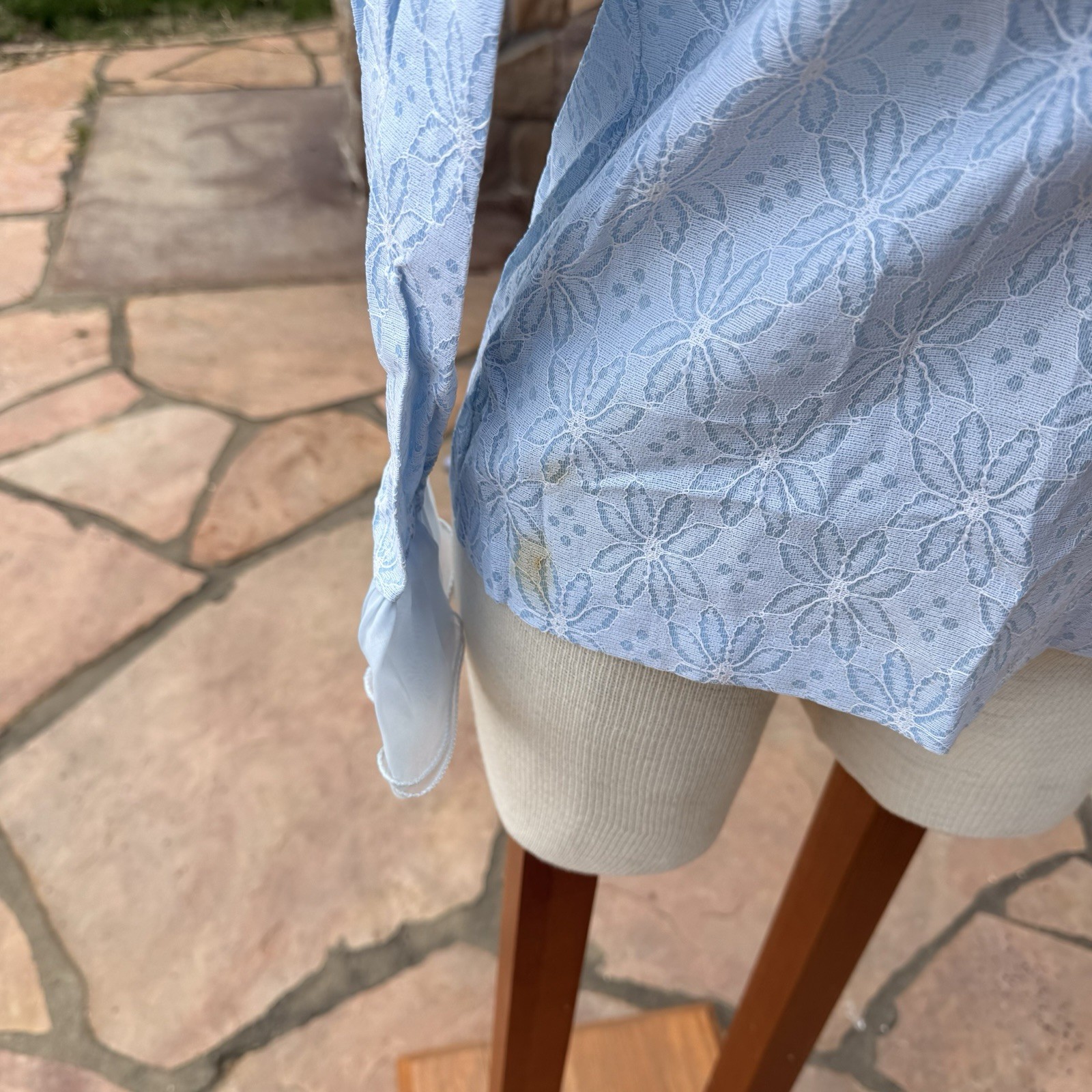 Vtg 70s Powder Blue Lace Eyelet Tuxedo Blouse Dramatic Ruffle Blouse see pics