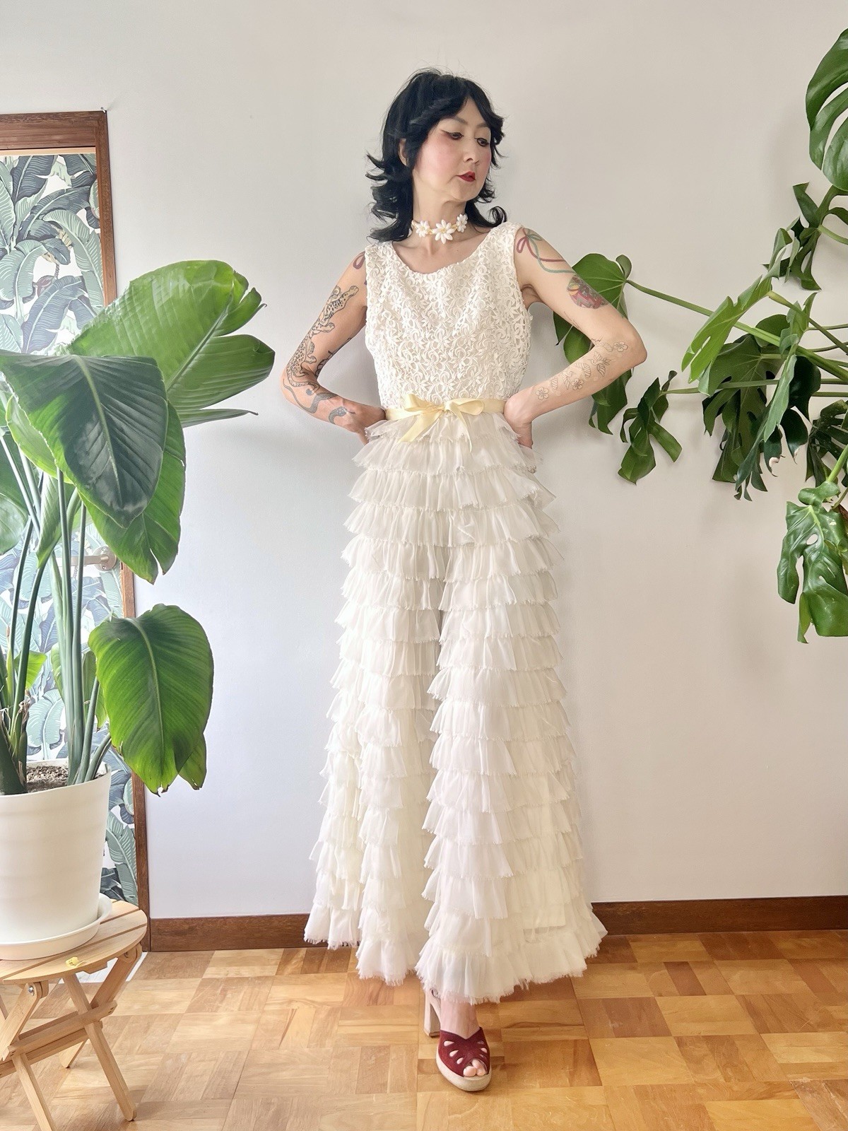 VTG 60s Kadine Lace Palazzo Jumpsuit White Tiered Chiffon Ruffle Mod Bridal S