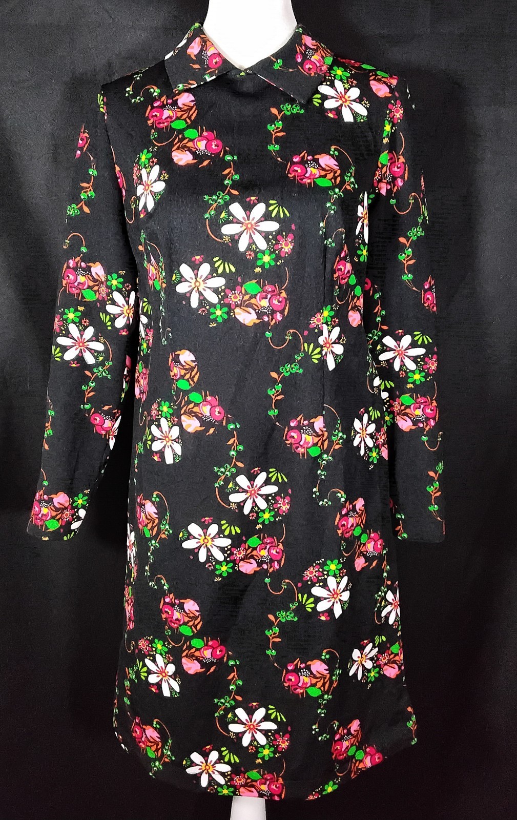 Vintage 70s Unbranded Shift Midi Black Floral Dress Long Sleeves Sz M/L USA