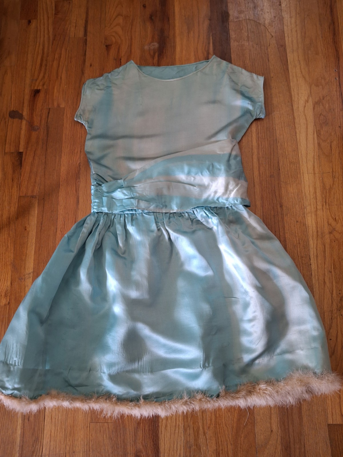 Vintage 1920s Turquoise Blue Flapper Swansdown Trimmed Dress With Waist Sash