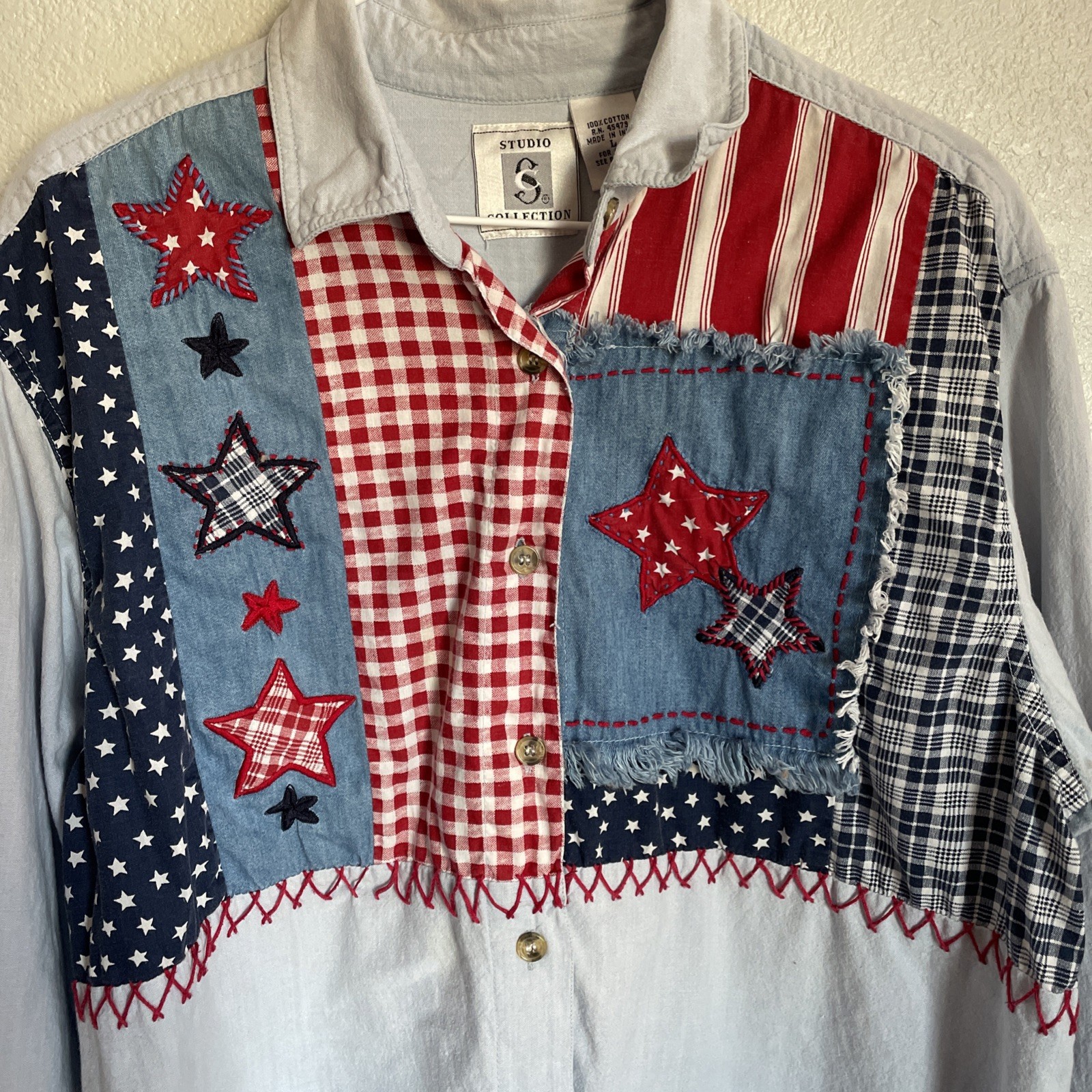 Vintage Denim Chambray Patriotic Patchwork Button Down Large