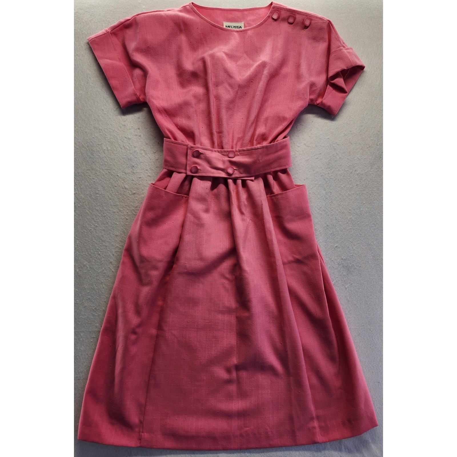 Melissa Petites Vintage 80s Pink Button Shoulder Belted Midi Dress Womens Size 6
