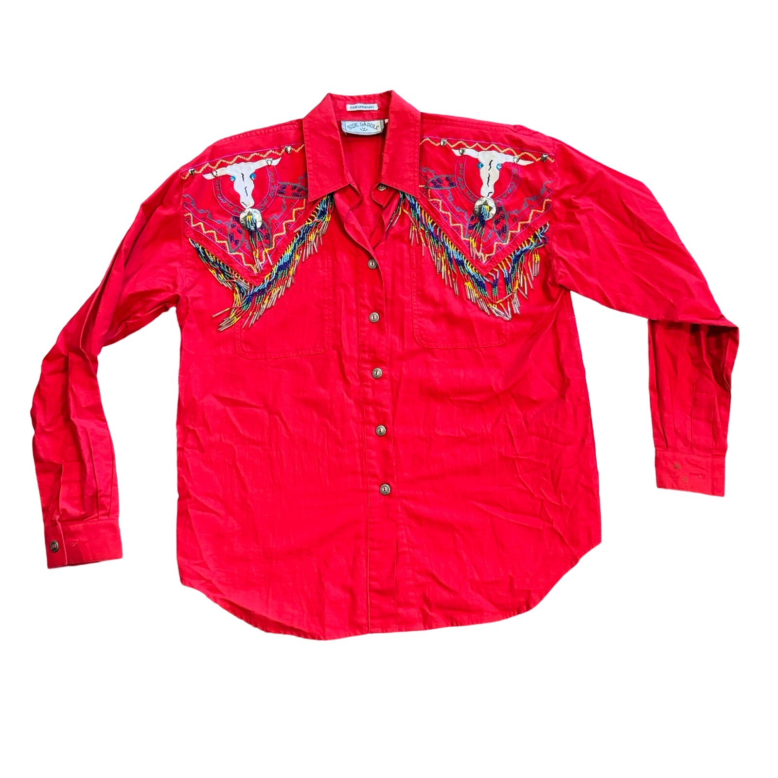 Vintage Side Saddle 1993 Rodeo Embroidered Beaded Blouse Red size XL Western