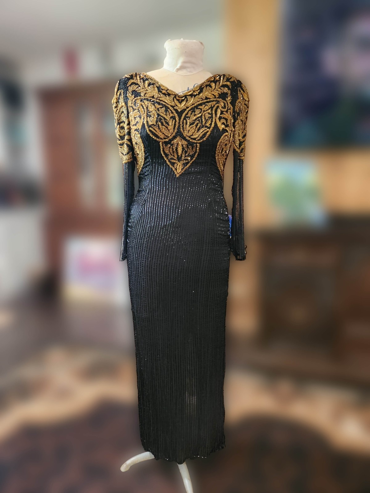 Vintage Carolyne Barton Gown, Black & Gold Hand-Beaded Evening Dress Size M