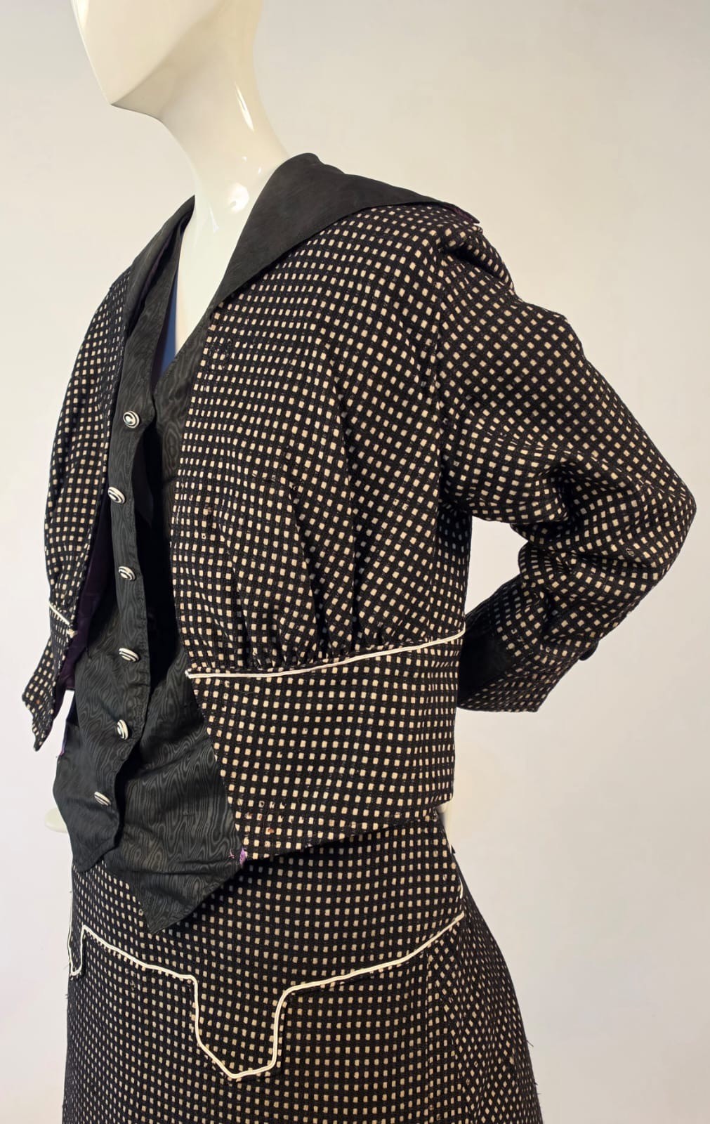 EDWARDIAN BLACK + WHITE CHECK WALKING SUIT W CORD DETAIL + SOUTACHE BELT BACK