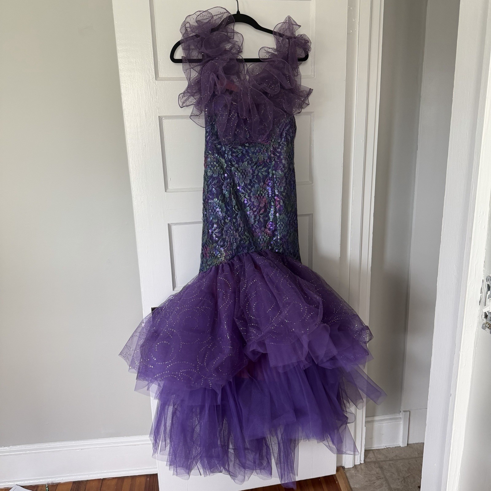 Vintage 80s Loralie Purple Sequin Mermaid Prom Gown Ruffle Tulle Dress Sz 6