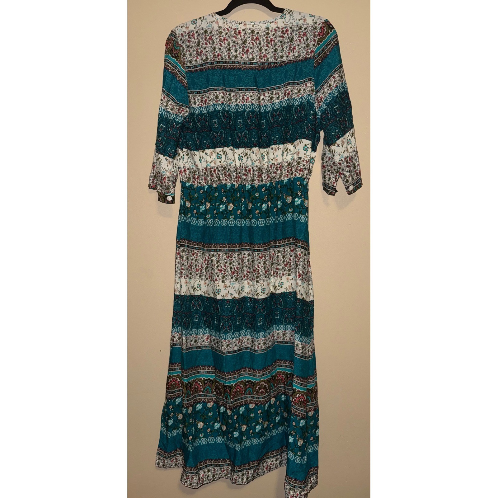 Womens Teal Floral Patchwork Boho Button Front Maxi Dress XXL Drawstring Artsy