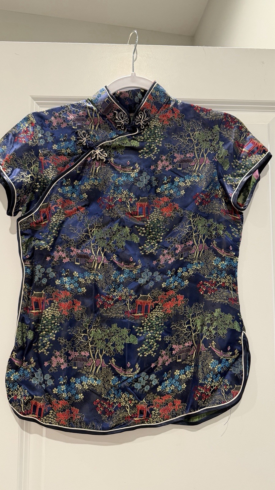 Vintage Chinese Silk Brocade Top Qipao Style Navy Floral Made in Hong Kong