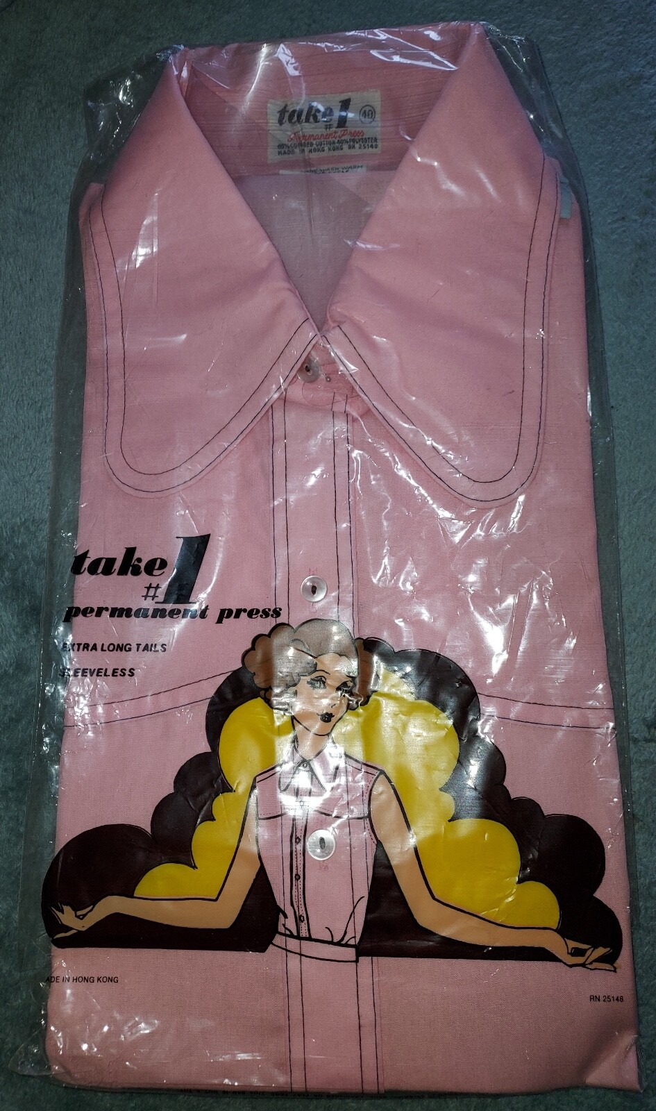 VTG 70s TAKE 1 PINK SLEEVELESS EXTRA LONG TAILS BUTTON COLLAR SHIRT SZ 40 BLOUSE