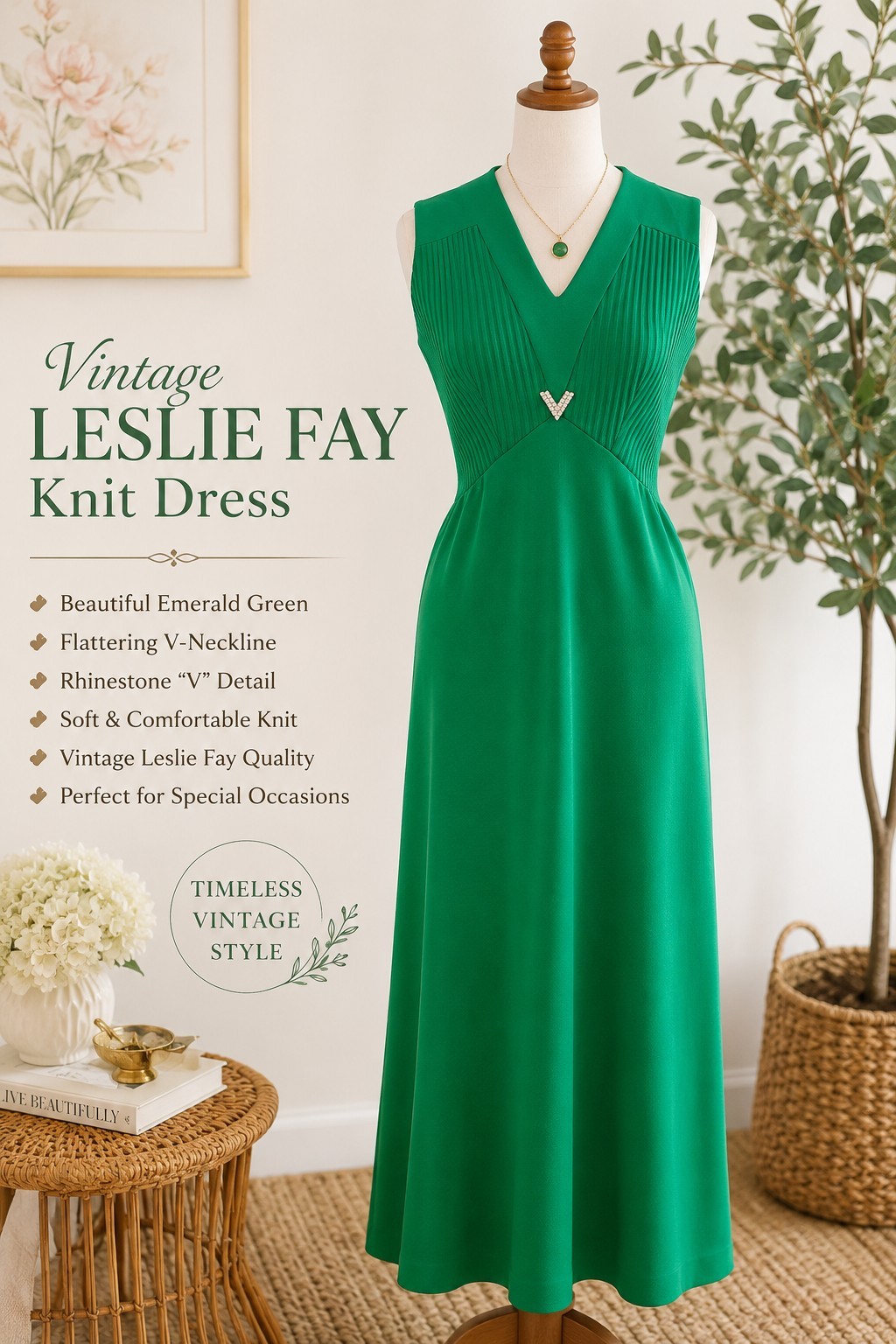 70&rsquo;s Vintage Leslie Fay Knits Kelly Green Elegant Evening Event Formal Dress 10