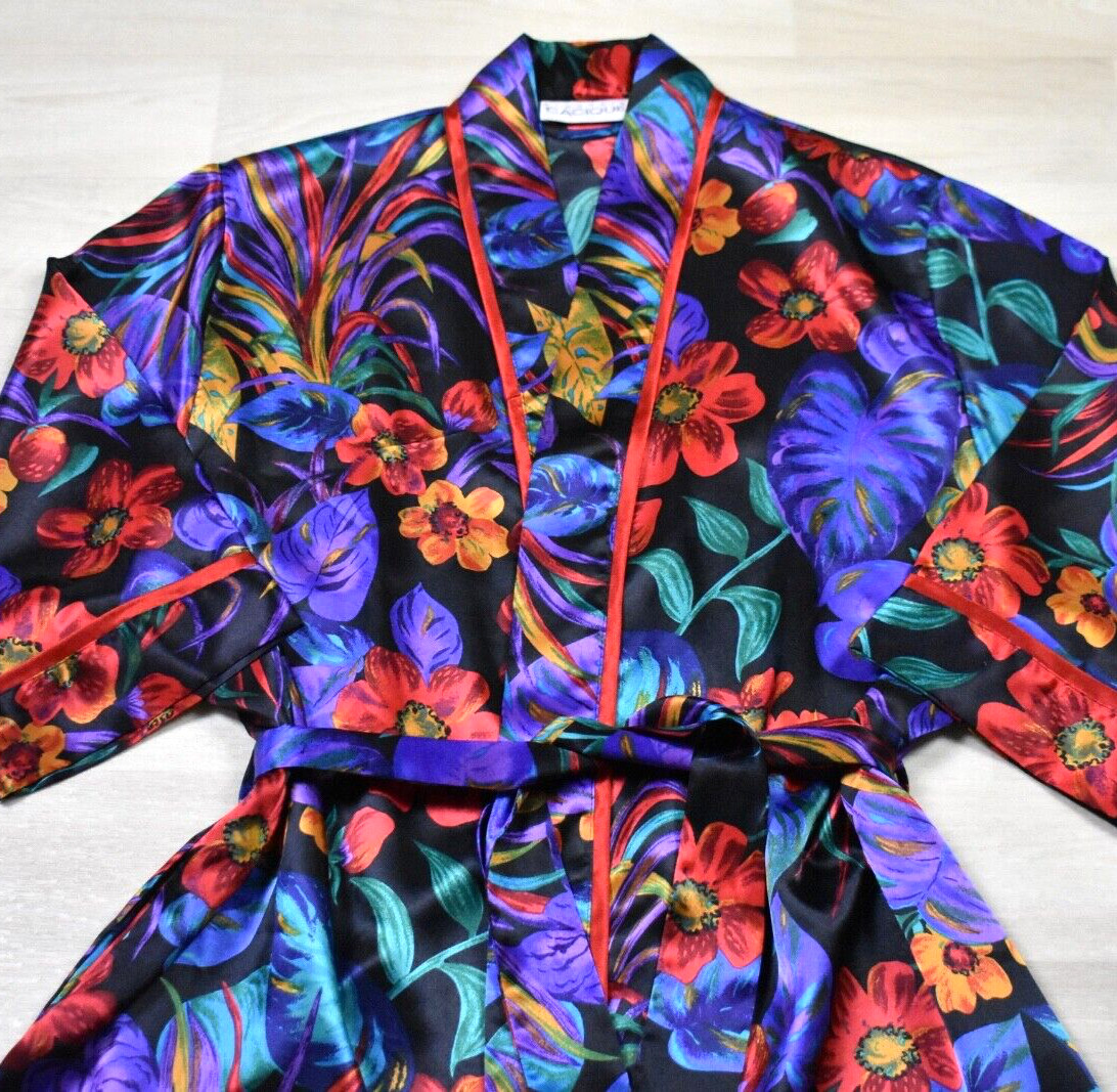 80s Lingerie Cacique Polyester Satin Robe Tropical Floral Satin Small VTG